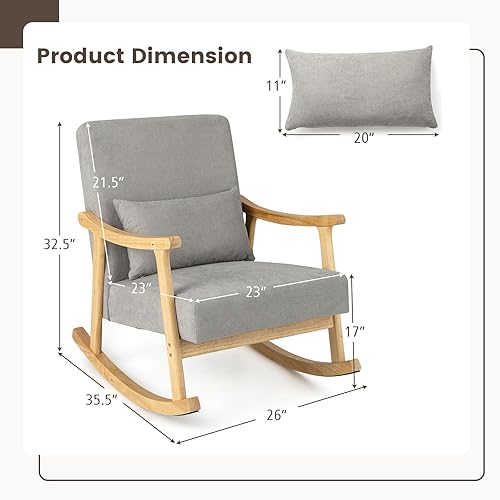 Miniatura 3 de Giantex Mecedora para guardería, silla de interior con reposabrazos de madera de goma, respaldo ancho y cojín de asiento acolchado, almohada lumbar