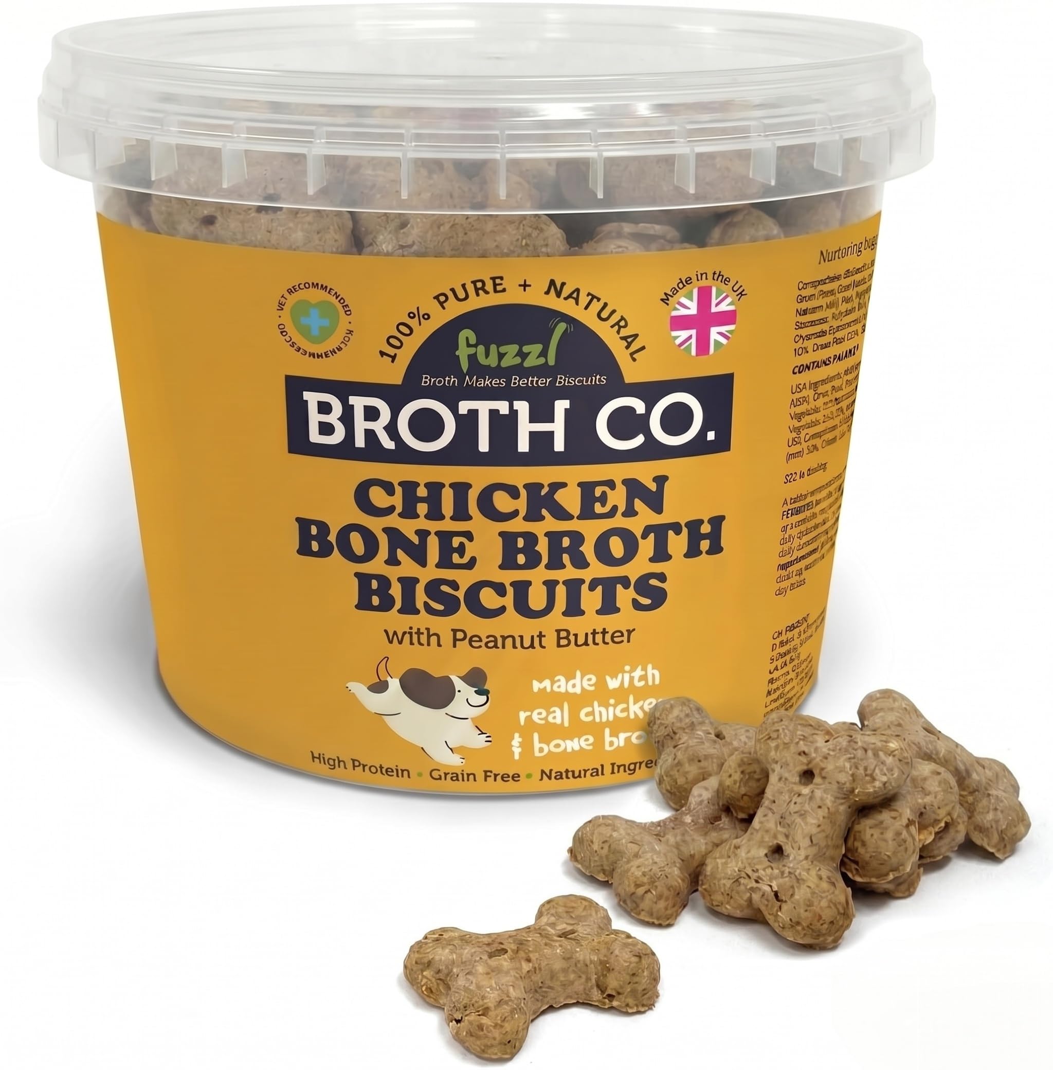 Fuzzl Broth Co. Chicken Bone Broth Dog Treats with Peanut Butter - 1kg (2.5L Tub) - Grain Free, High Protein Biscuits - All Natural, Gently Baked Dog Snacks - 50% Chicken Ingredients