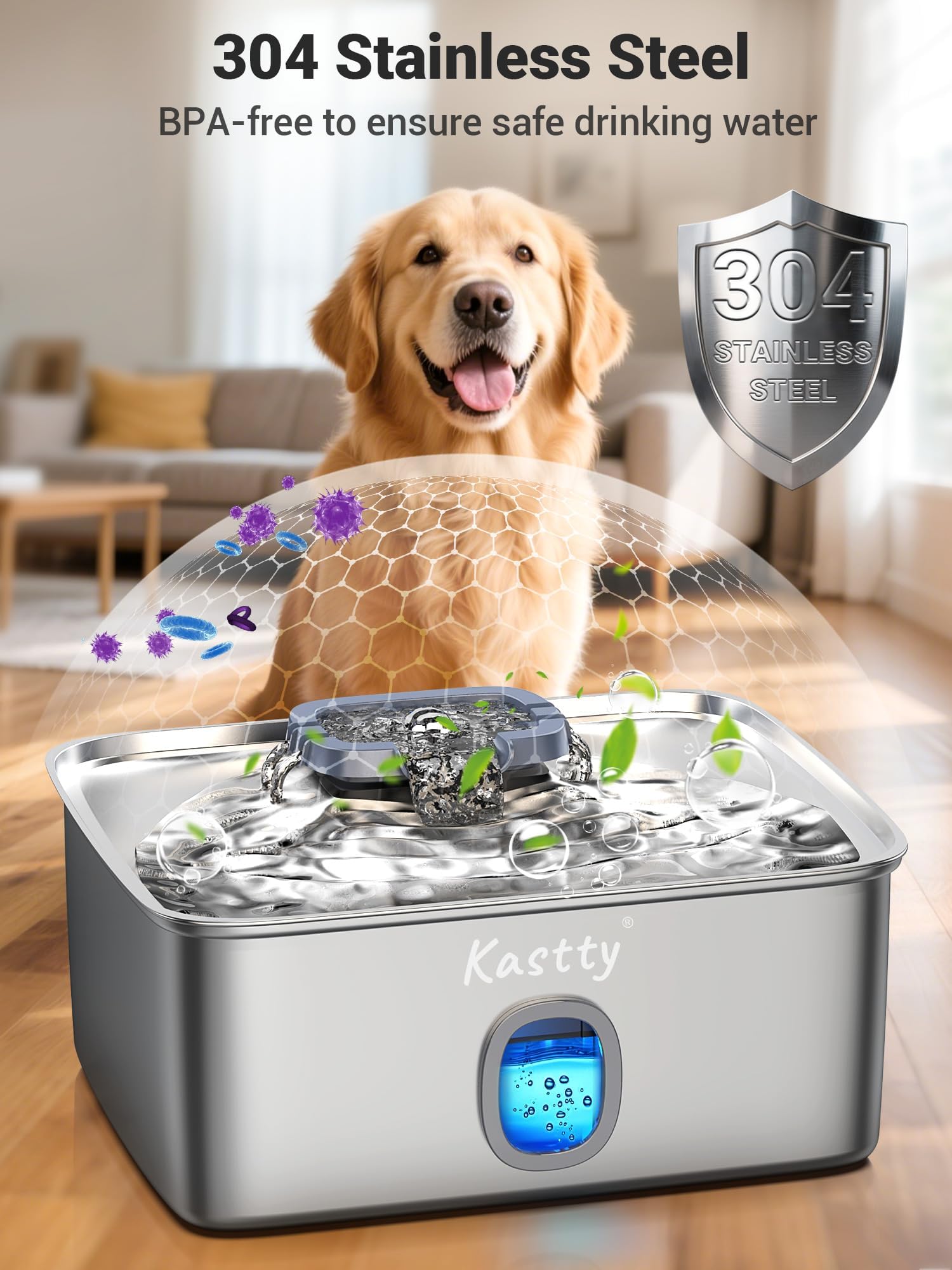 Kastty 4 Gal Dog Water Fountain for Large Dogs,15L Stainless Steel Dog Water Bowl Dispenser Triple Filtration,Ultra Quiet Automatic Pet Water Fountain with Water Level Window and LED Light(FS76) - image 6