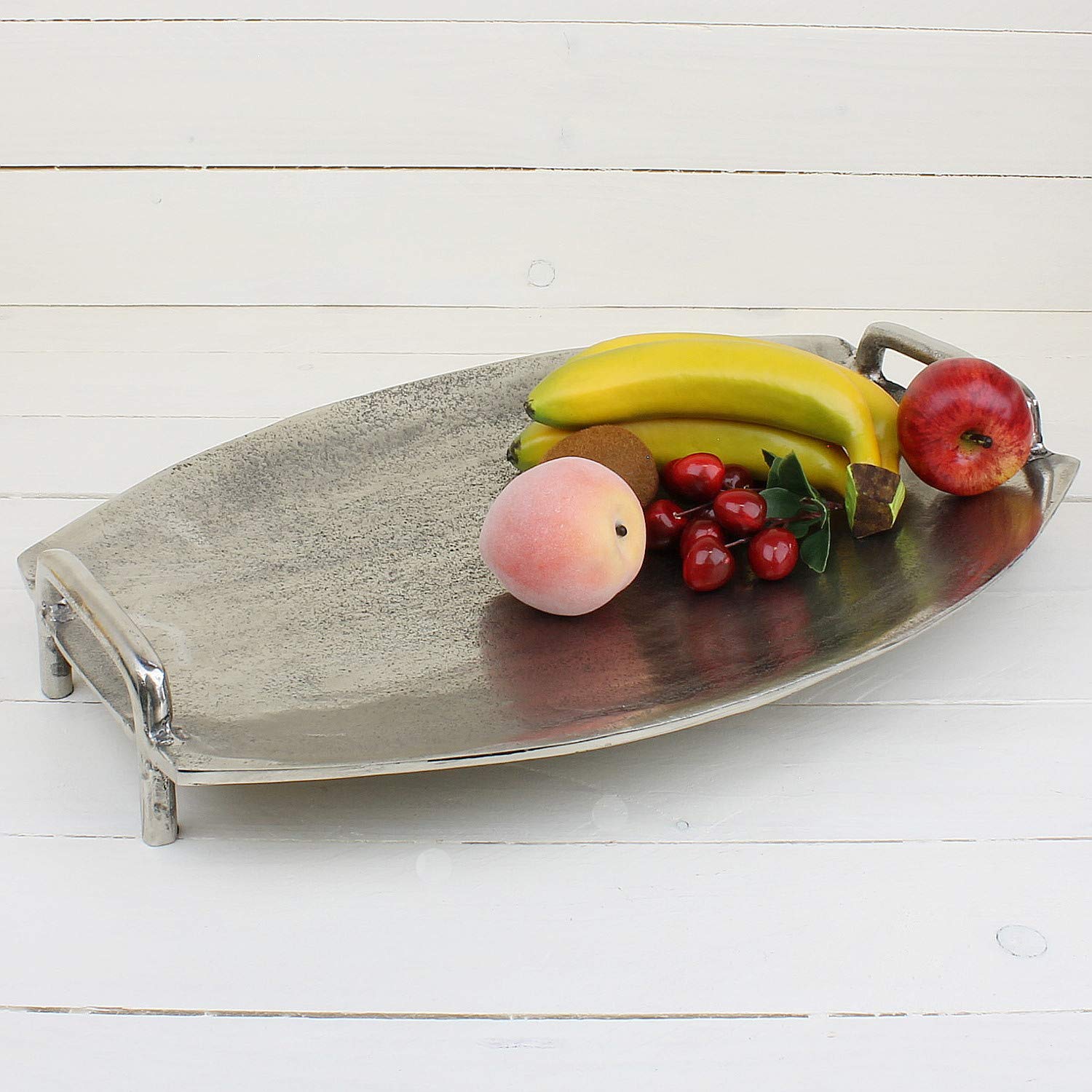 MACOSA LC191066 Hochwertiges Deko-Tablett mit Griffen Silber oval Aluminium Tisch-Dekoration Kerzenteller Servierplatte Obsttablett Wohn-Accessoire (L)