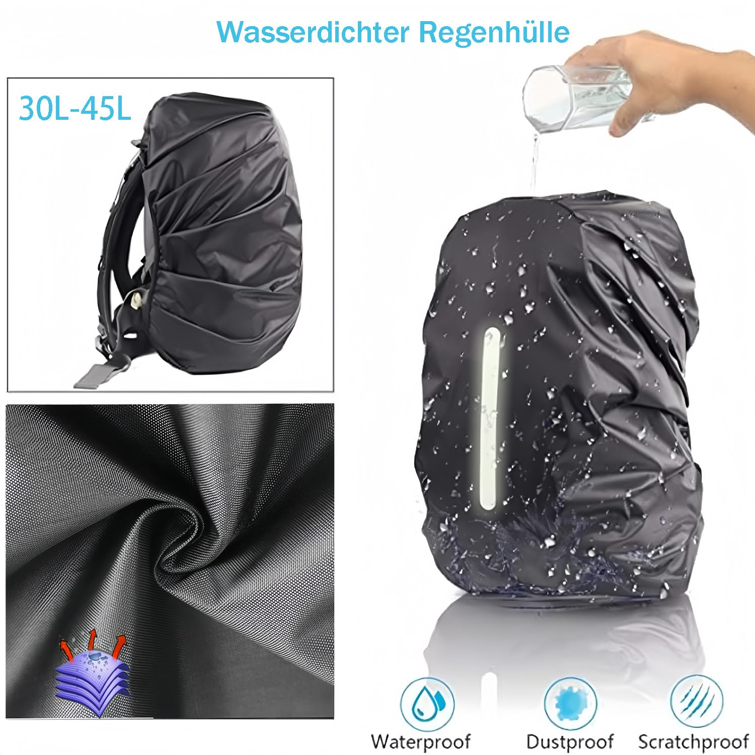 Rwekdza 4 custodie impermeabili per zaini, per esterni, campeggio, escursioni, con strisce riflettenti (M 30L-45L)