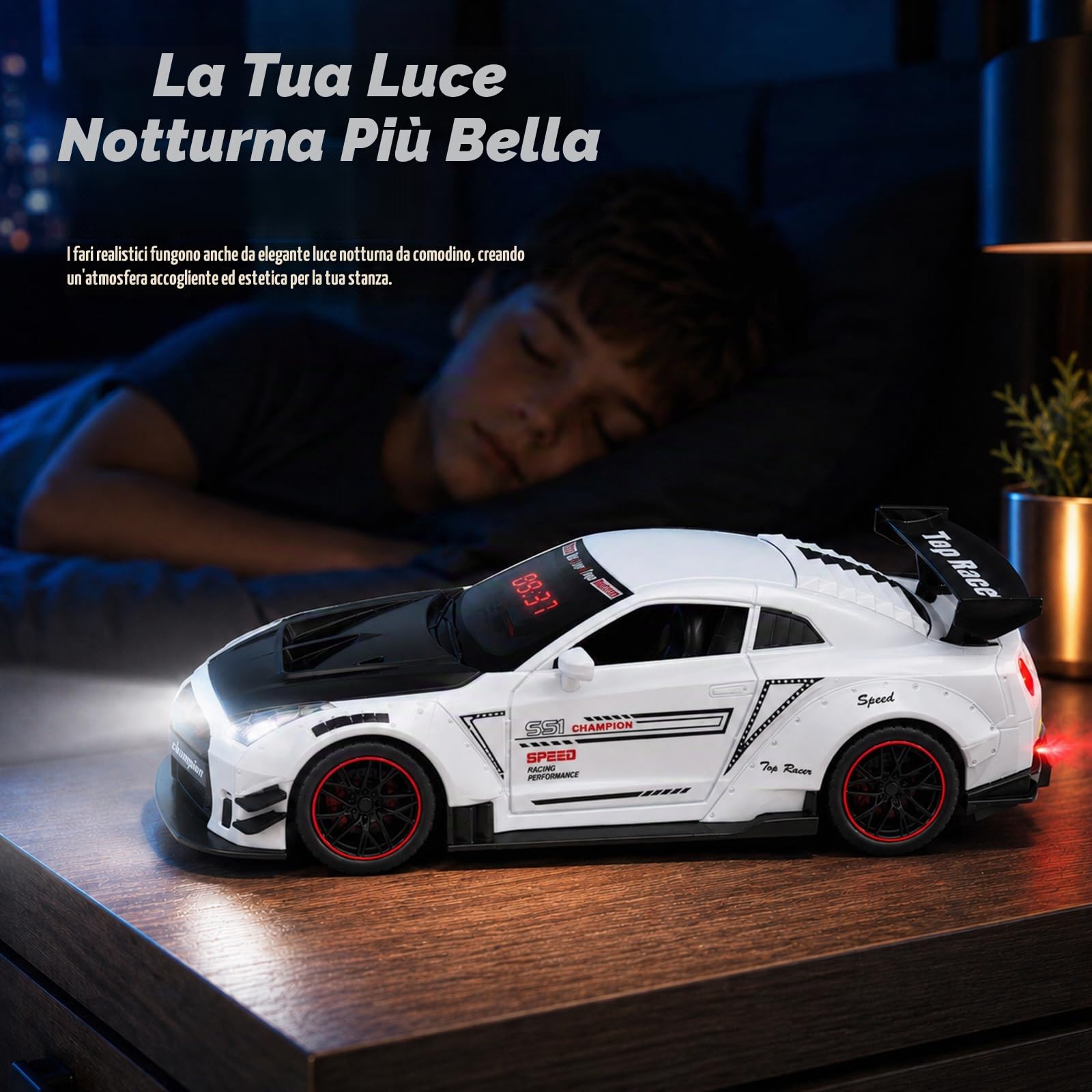 Sveglia rumorosa a forma di auto per adulti con sonno pesante con suono del motore | Hyper Car Model Digital LED Desk Decor, nebbia di scarico ed effetti di luce, auto da corsa pullback interattiva