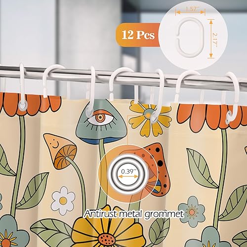 Miniatura 3 de Aimego Cortinas de ducha bohemias con diseño floral de hongos, estilo retro de los años 70, juego de cortina de ducha con ojos de flores amarillas y