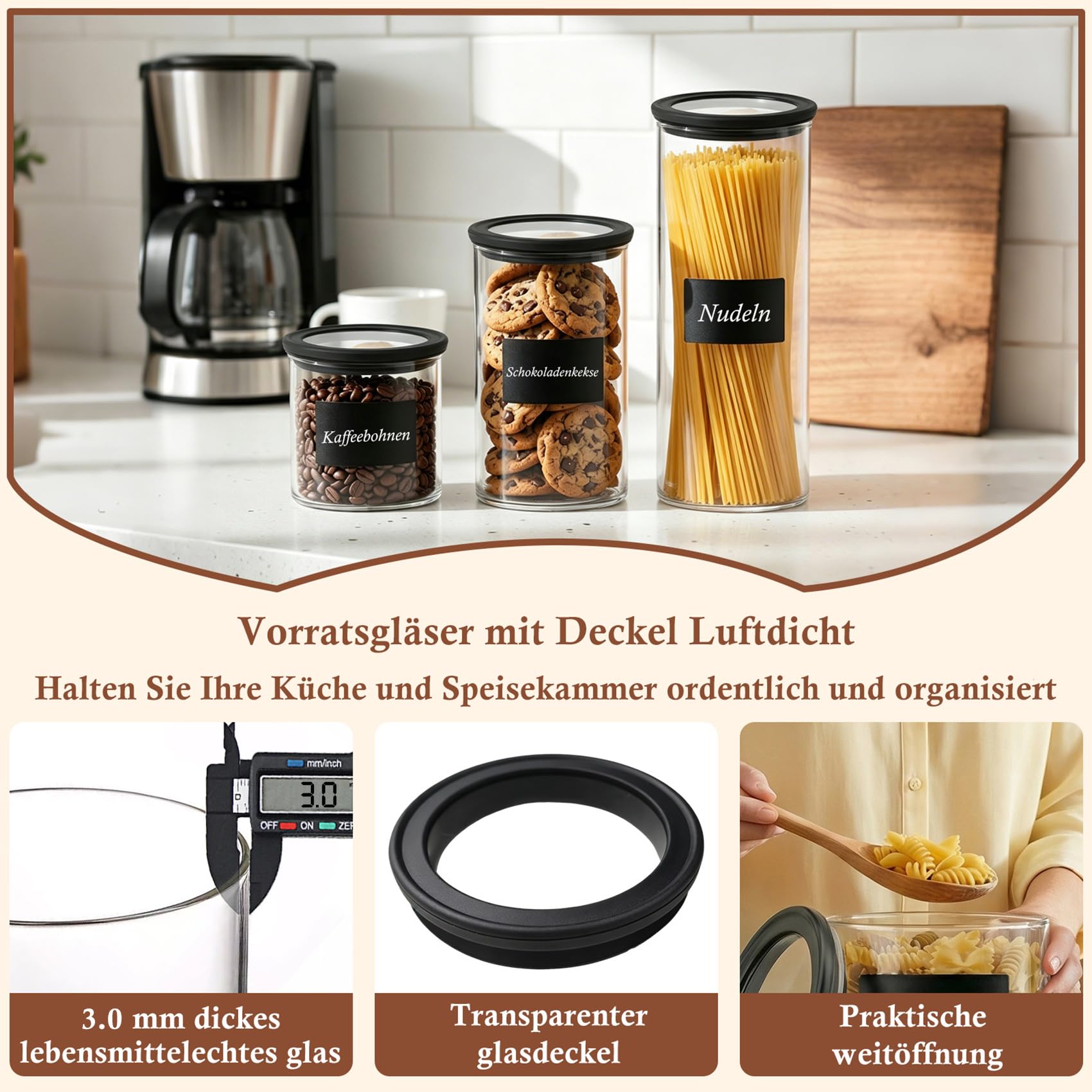 Set di 6 barattoli con coperchio, ermetici, 600 ml, con coperchio in vetro trasparente, con etichette e penna, impilabili, rotondi, per caffè, noci, zucchero, snack e cassetti da cucina