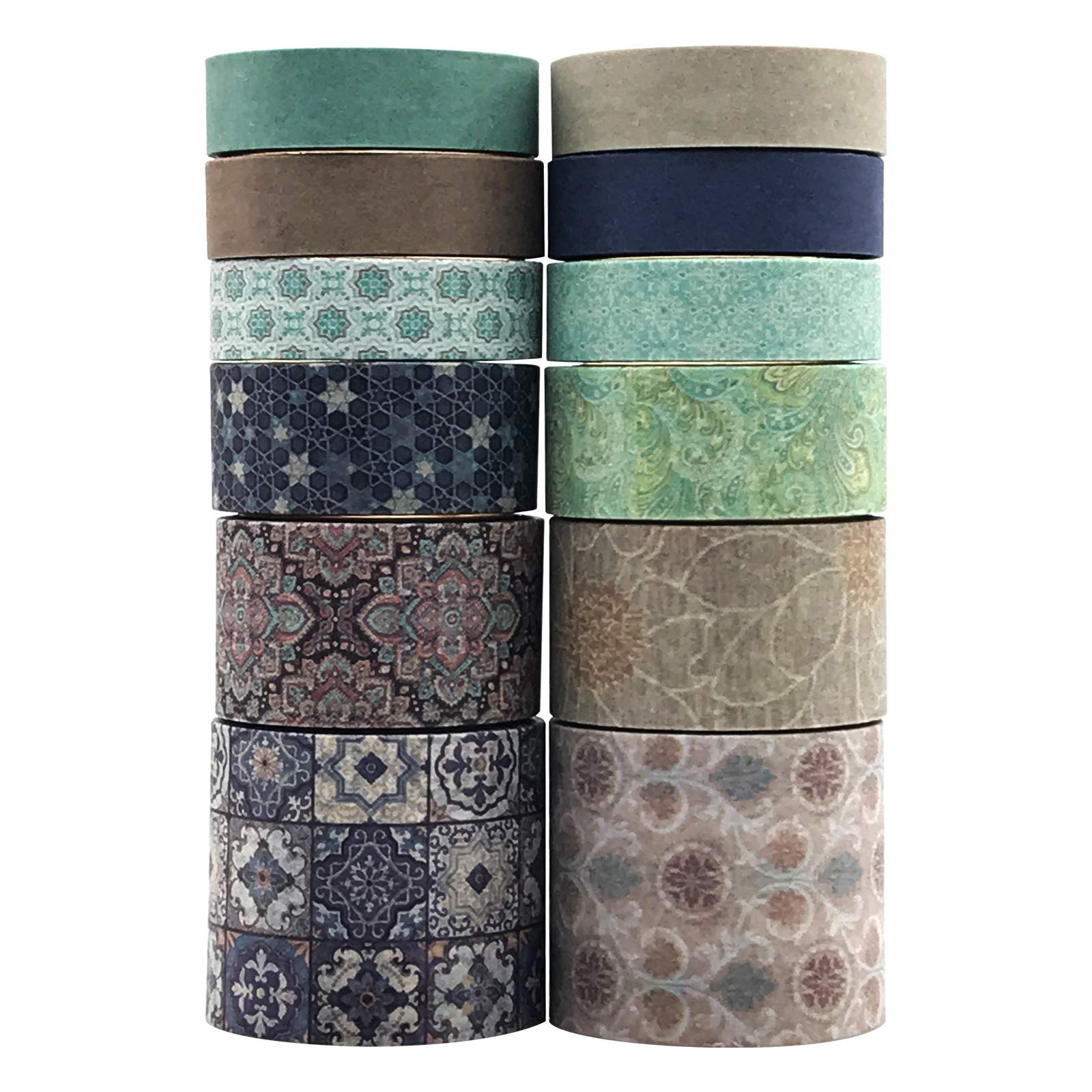 EnYan Vintage Texture Washi Tapes Set, 12 Rolls Antique Geometric Decoration Japanese Masking Writable Decorative Tapes for Bullet Journal Planners DIY Crafts Arts Scrapbooking Adhesive