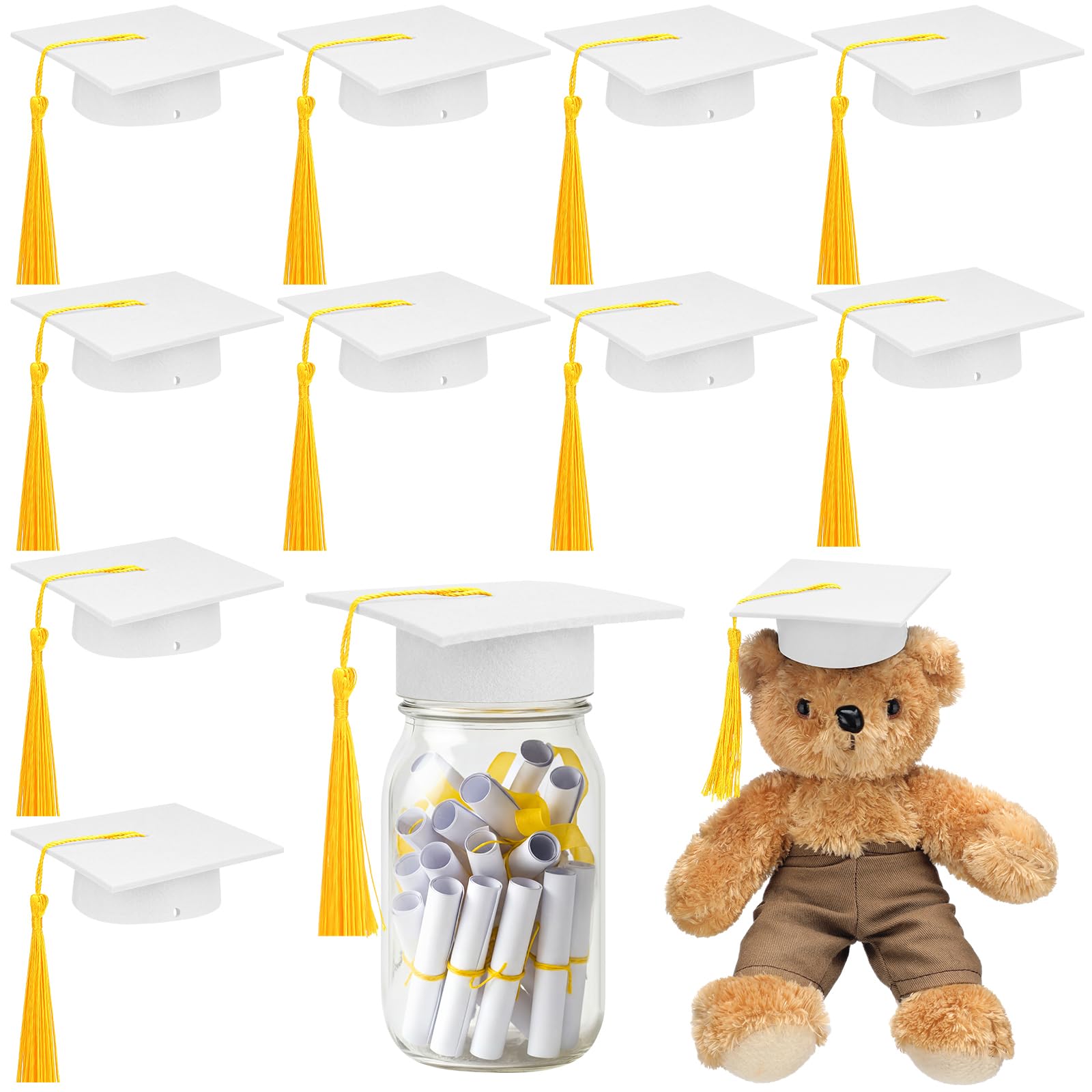 Photo 1 of ** bear not included **
Foilswirl 12 Pcs Mini Graduation Cap with Tassel Mini Plush Mason Jar Small Animal Bachelor Hat Photo Prop Party Supply(White Gold,4.33 x 4.33 Inch)