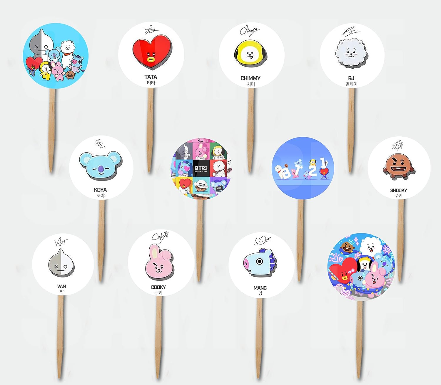 amazon com djz dealz kpop bt21 emojis k pop bt21 emoji boy band cupcake picks double sided images cake topper 12 pcs decorations w k pop south korean boy band tata rj koya mang chimmy cooky