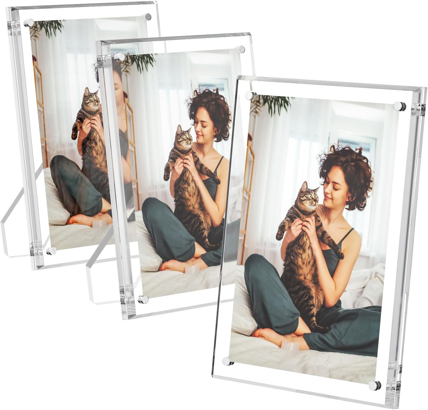 AITEE5x7 Acrylic Picture Frames 3 Pack, Clear Picture Frames with Stand, Magnetic Frame Acrylic Lucite Frameless Transparent Cubes Floating Gift for Home Office Desktop Display Horizontally or