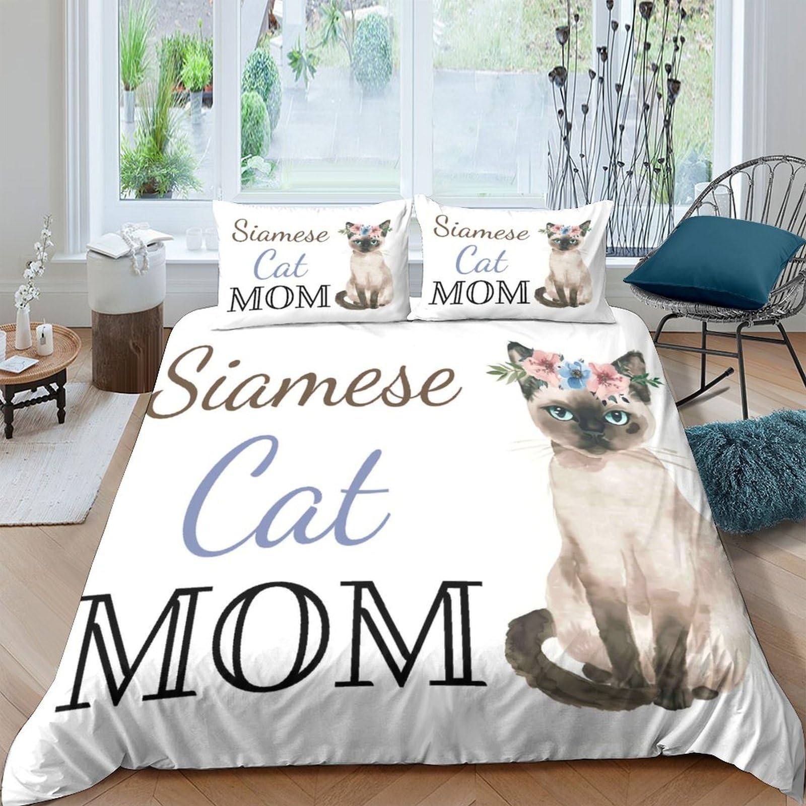 Ctjqhvkz Style-6 3D Printed Siamese Cat Fitted Sheet Microfiber Soft White Cat Mom Mattress Cover Bedroom Decor Anti-Slip Washable Single（135X200cm）