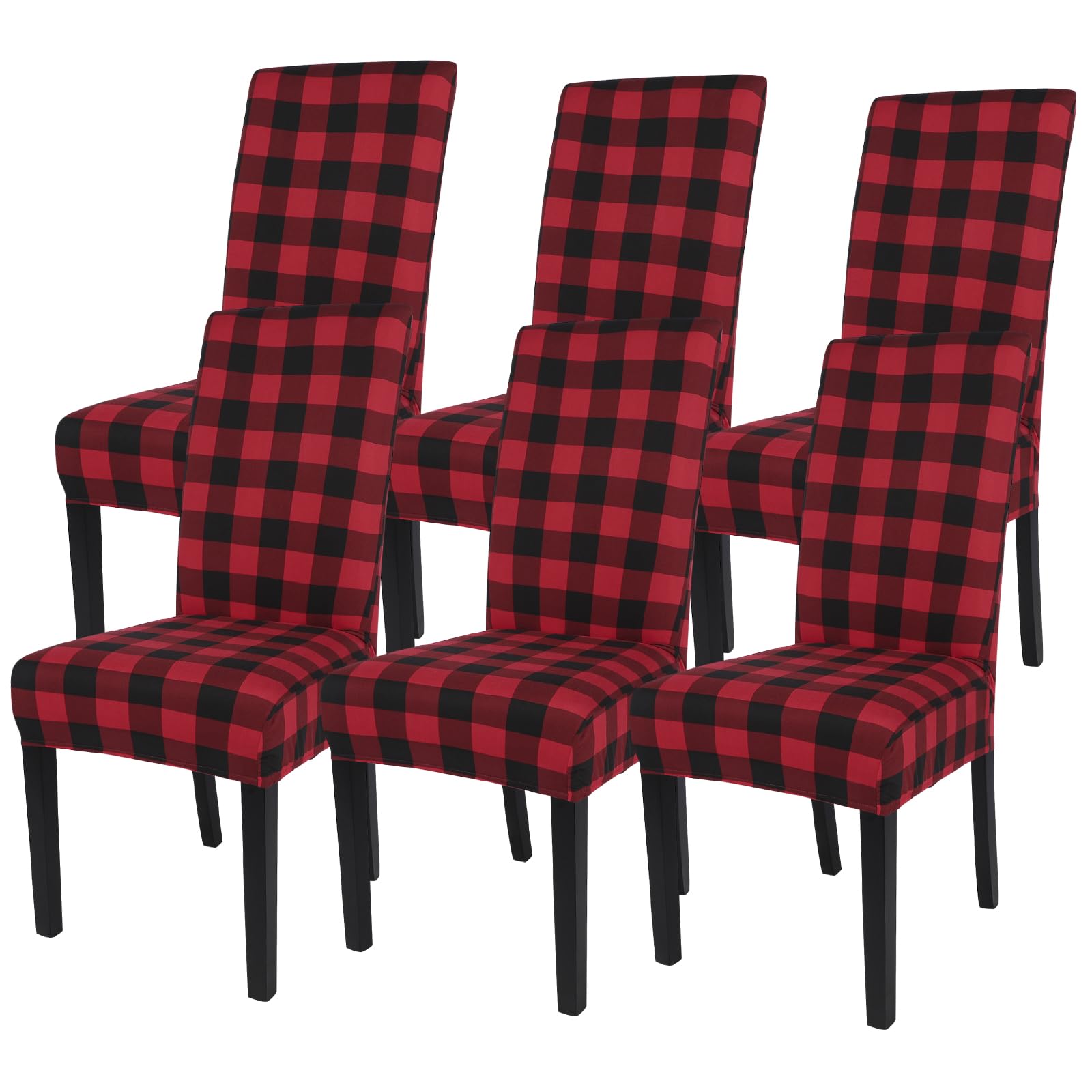 SearchI Christmas Chair Covers Set of 6, Stretch Xmas Kitchen Chair Cover Removable Washable Holiday Parsons Chair Slipcovers for Dining Room, Christmas Decoration, Ceremony (Black/Red Plaid)