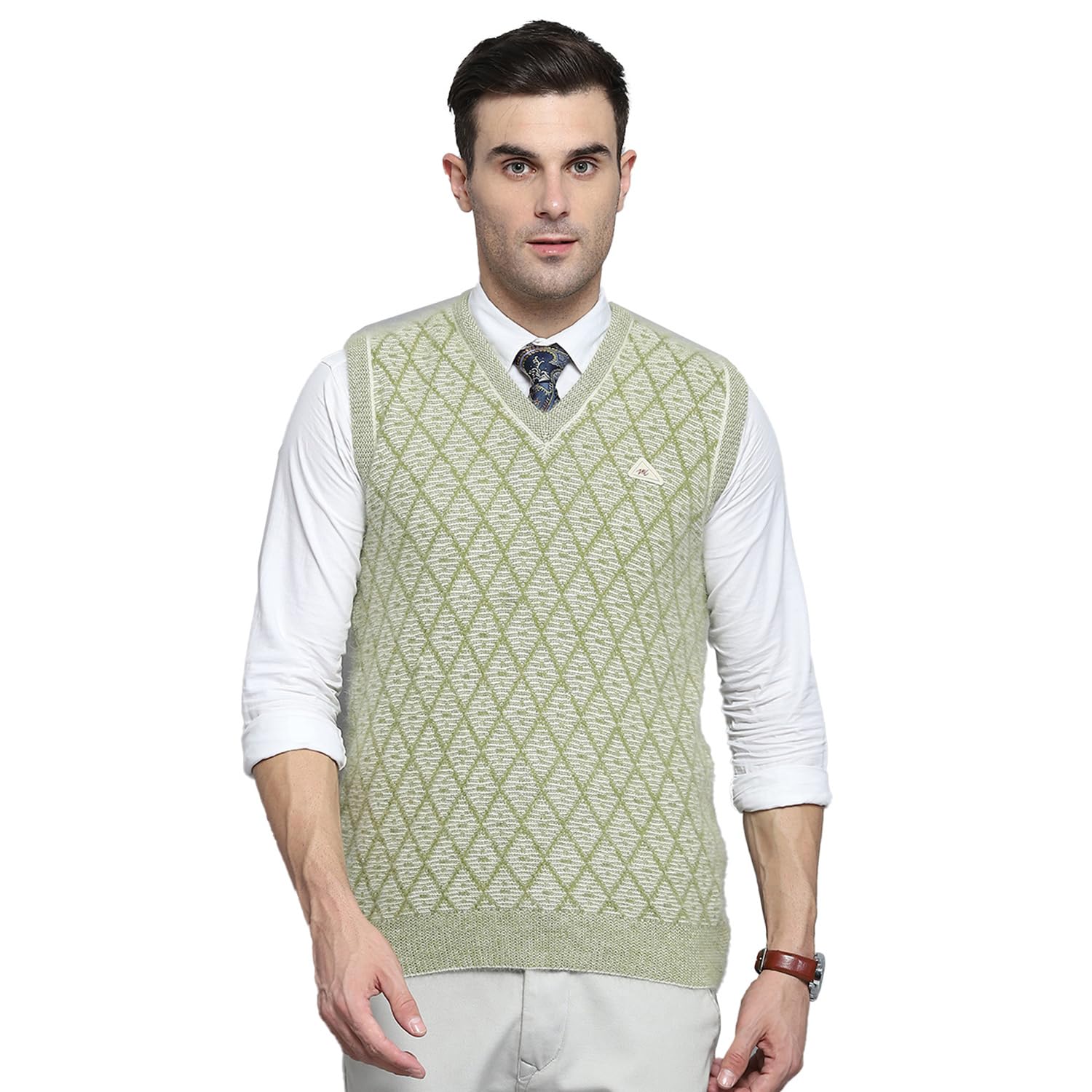 Mens Self Design Sky Blue V Neck Sleeveless Sweater