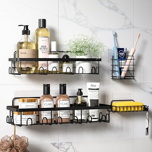 Cesta de ducha con soporte para jabón, paquete de 3 organizadores de ducha adhesivos, estante de ducha de acero inoxidable para ducha interior, sin