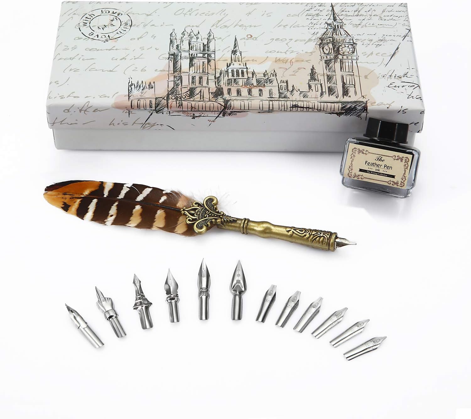 Vintage Feather Pens Calligraphy Set Quill Ink Pen Natural Handcrafted Dip Pen with11pcs Extra Pen Metal Nibs Writing Pen Gift Set
