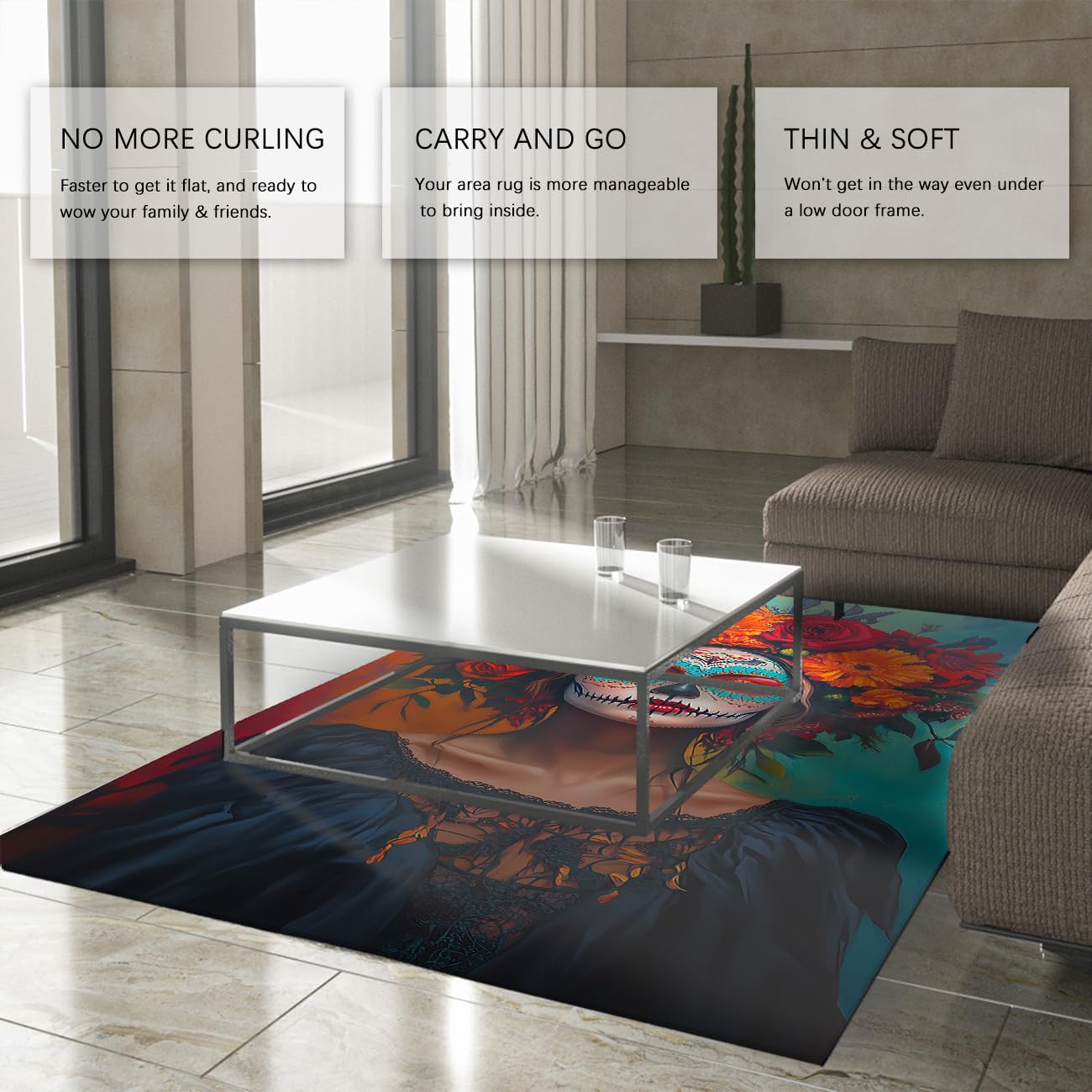 Dywan 120 x 180 cm Dzień Umarłych do salonu Cukrowa czaszka z antypoślizgowym spodem Zmywalna mata Meksykańska Girlanda kwiatowa damska Duży odporny na plamy