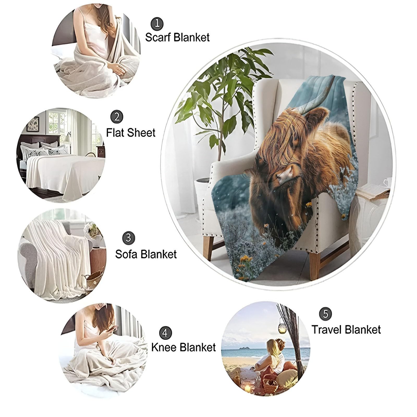 Manta Franela para Cama Manta para Sofá Suaves 100% Microfibra Grande Broncearse Flannel Blanket Animales Ganado de Las Tierras Altas Flores Manta Invierno Calentitas 220 x 240 cm