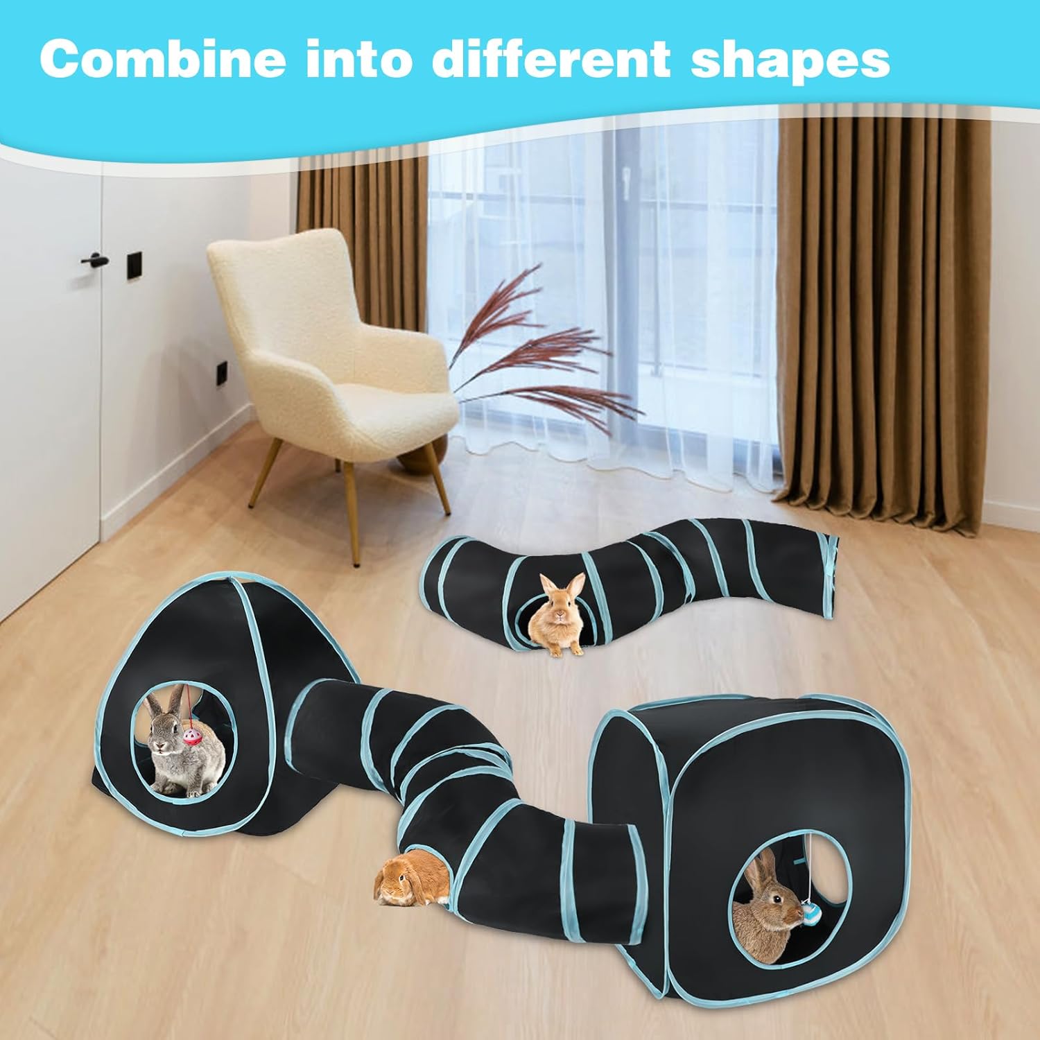 YUEPET Rabbit Tunnel and Cube Collapsible Tent Bunny Interactive Crinkle Tunnel Toys Small Animal Hideout with Play Ball for Dwarf Rabbit Bunny Guinea Pig (Blue Black)