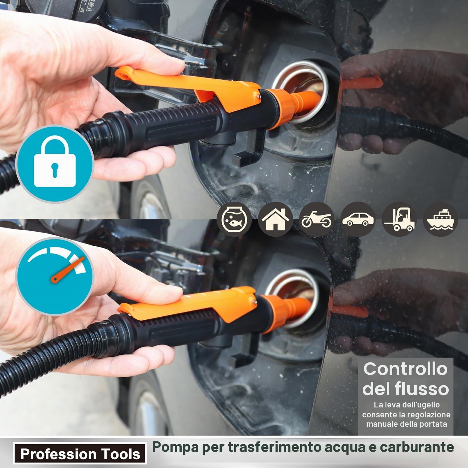 Pompa di trasferimento del carburante alimentata a batteria, pompe a batteria con ugello di arresto rapido per benzina, diesel, olio, gas, acqua, acquario