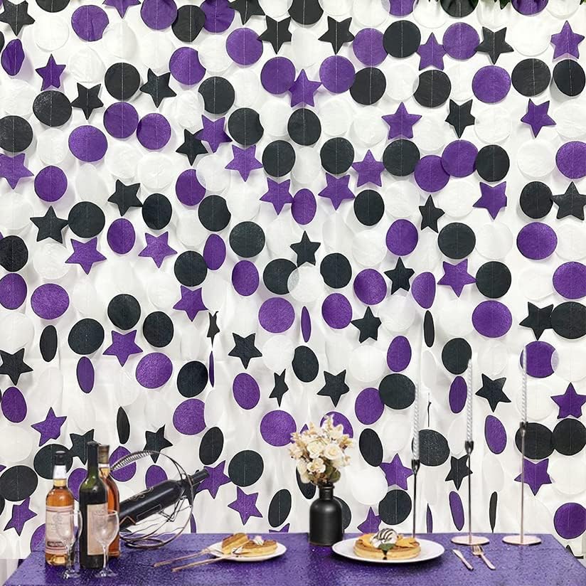 Image of 173 Ft Purple Black and White Party Decorations Big Star Circle Dot Backdrop Streamer Garland for Graduation Birthday Bachelorette Engagement Wedding Bridal Shower Halloween Party Supplies