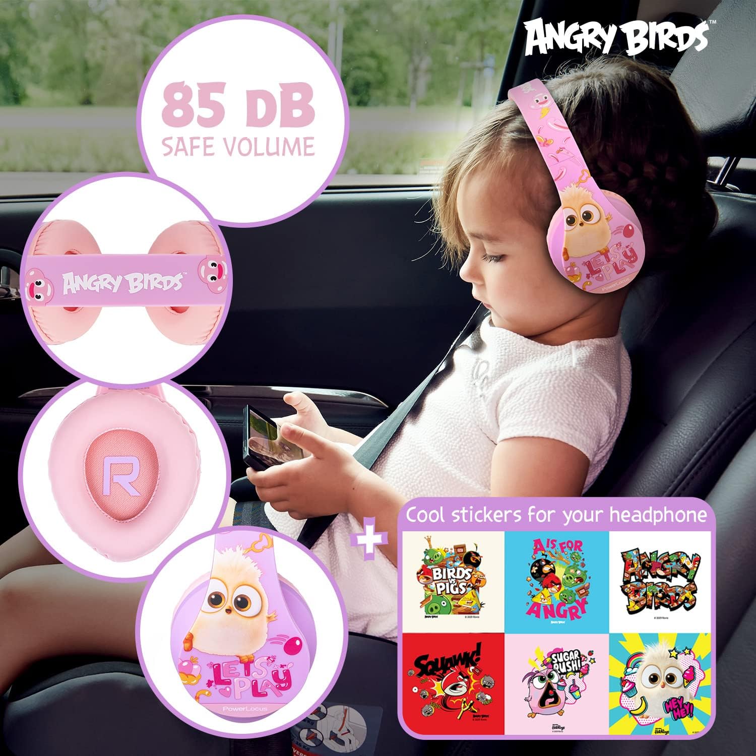 PowerLocus Auriculares para niños edición Angry Birds auriculares inalámbricos para niños volumen limitado de 85 dB auriculares Bluetooth plegables