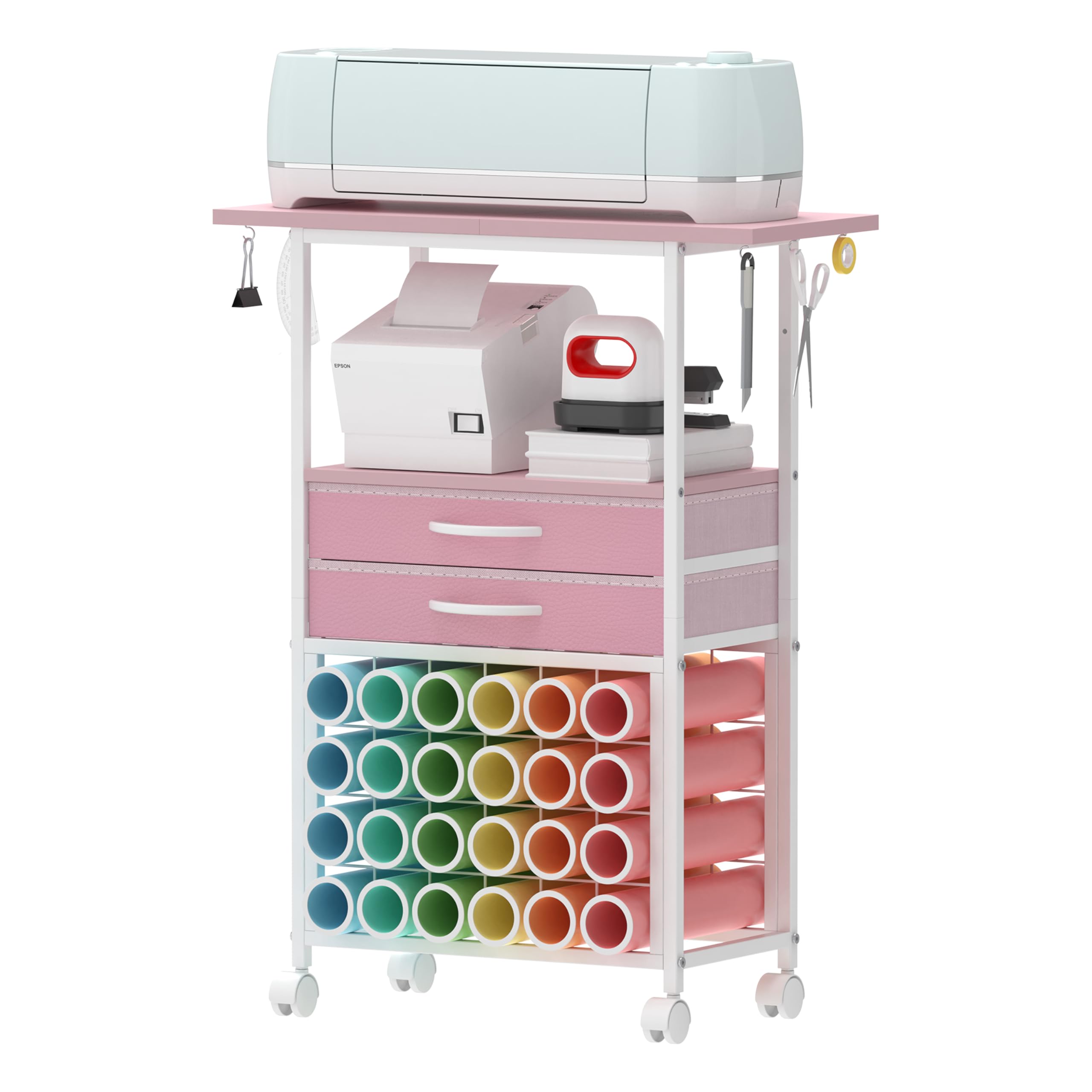 Organizer and Storage Stand Compatible with Cricut Machines,Rolling Storage Cart/Shelf with 24 Vinyl Roll Holders，2 Fabric Drawer,Accessories Holder,Tool Hook for Craft Room Home (Pink)