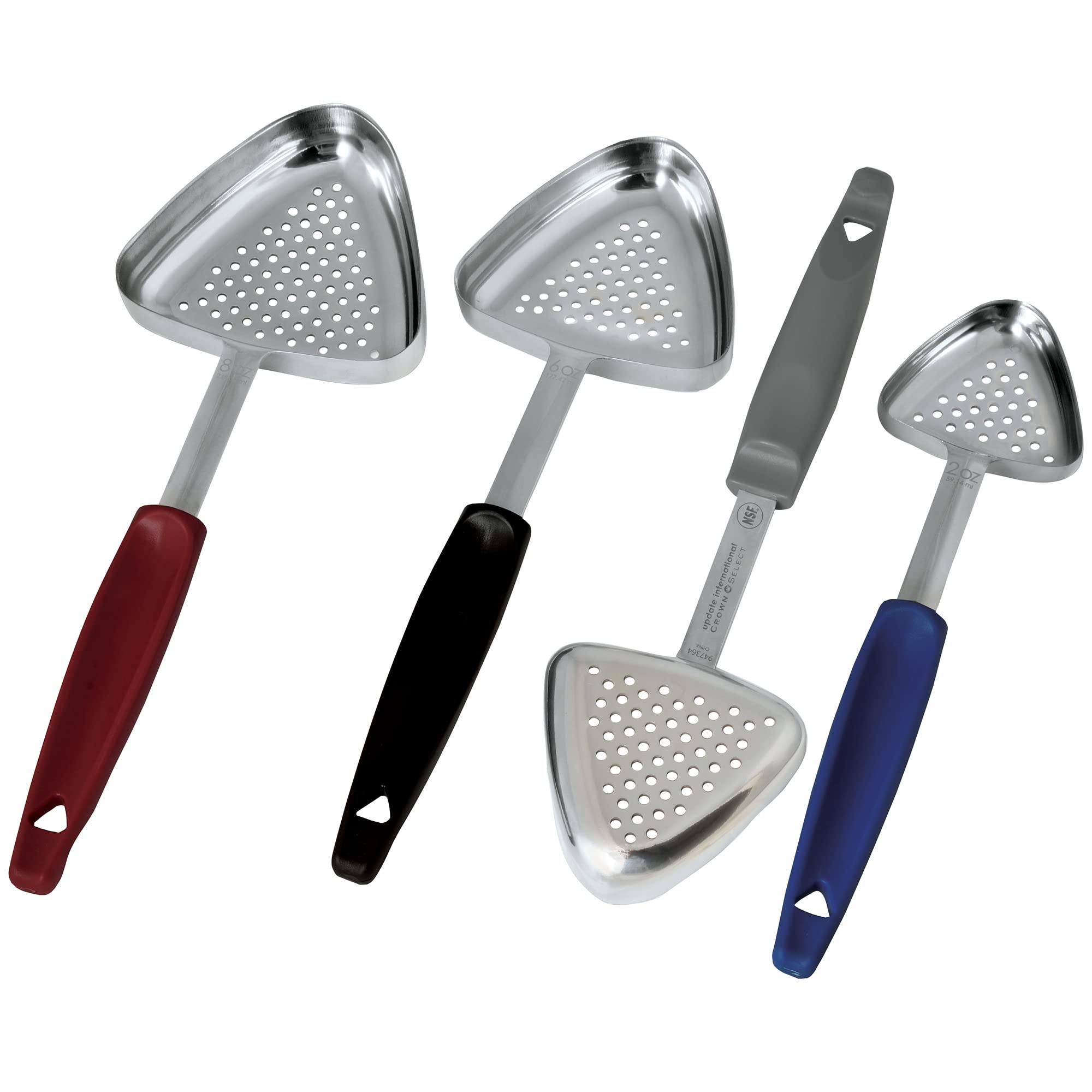 UPDATE International P3 1-Piece-Stainless-Steel (Not Welded) Perforated Portioning Spoon with Red Plastic Handle, Food Portioner Portion Controller Serving Spoon, 8 Fluid Ounces