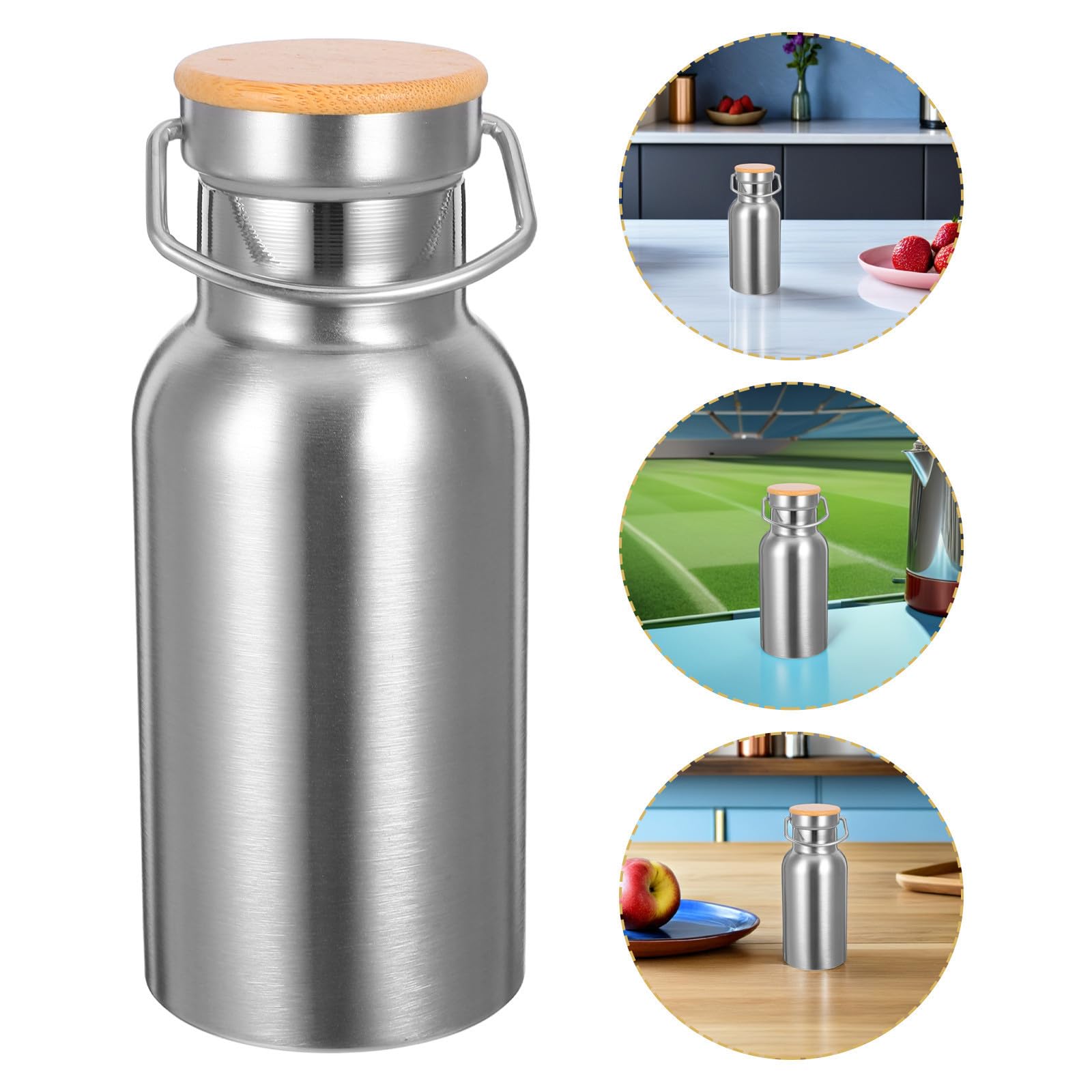 5 Stück Vakuum Wasserflasche 350ml Edelstahl mit Bambusdeckel, Silber