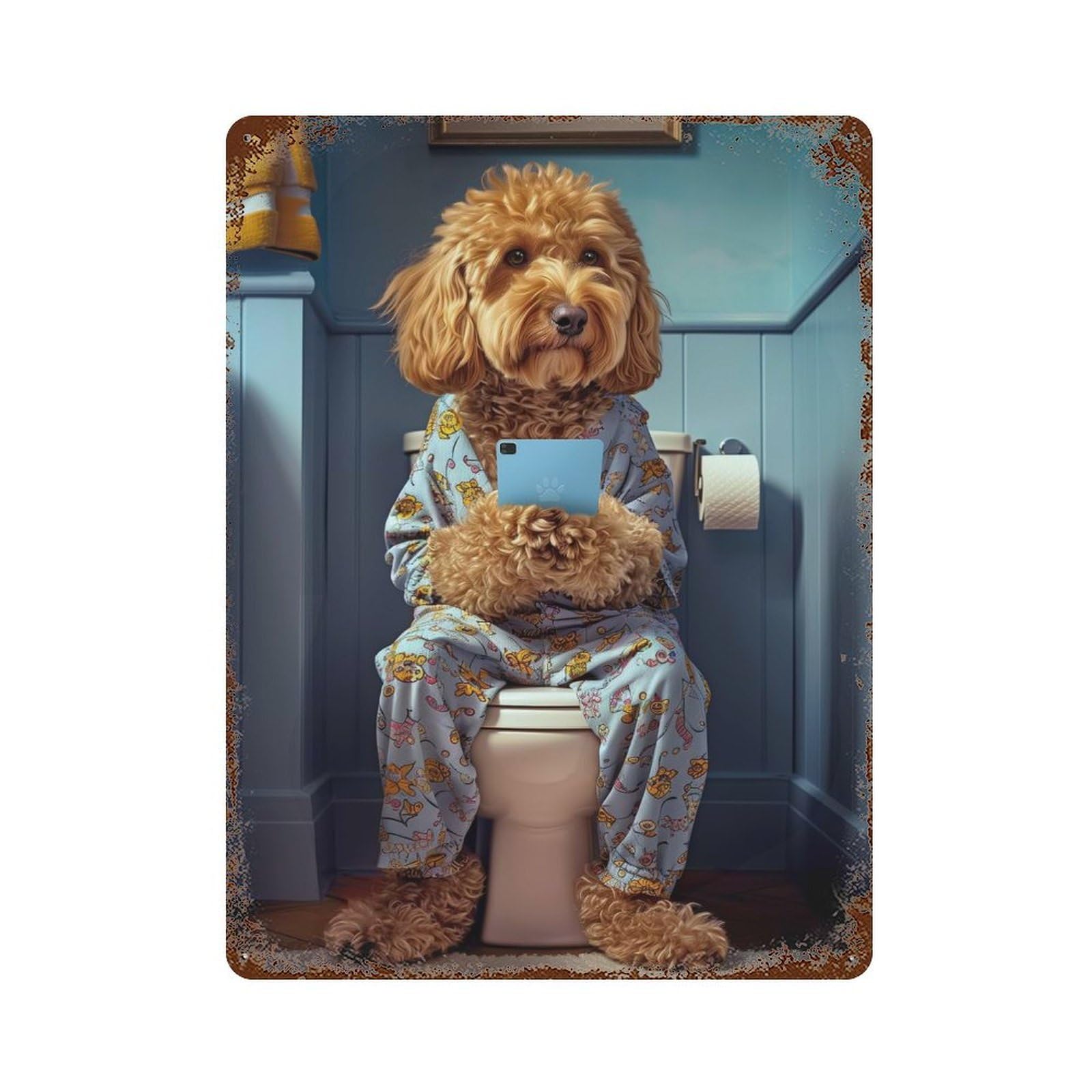 Cockapoo on The Toilet Rusty Metal Tin Sign 15.7"x11.8", Industrial Home Decor for Garage, Pub Or Kitchen