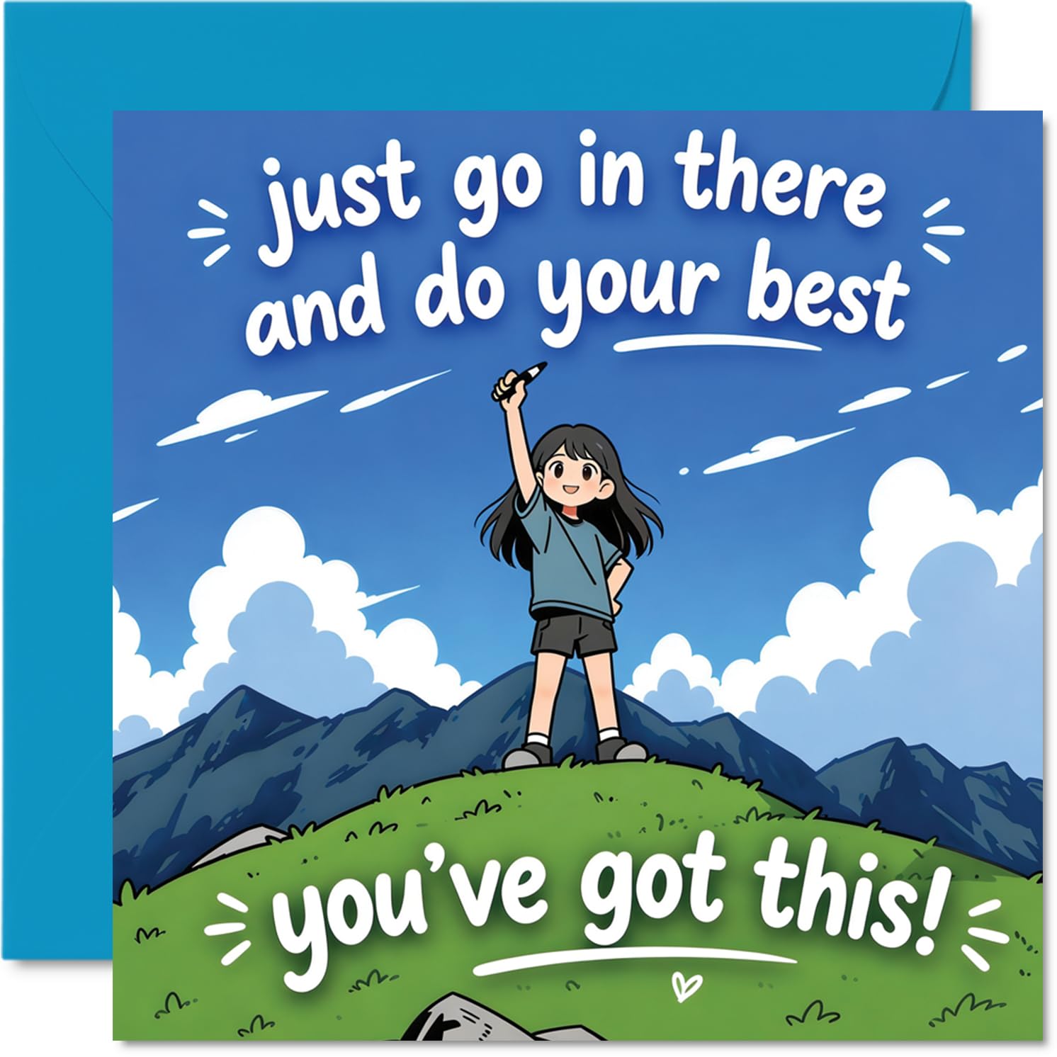 Supportive Good Luck Card - Brighten Their Day with a Cheerful Cartoon Girl - Uplifting Nature Scene in Fresh Blue and Green - 145mm Square, Envelope Included