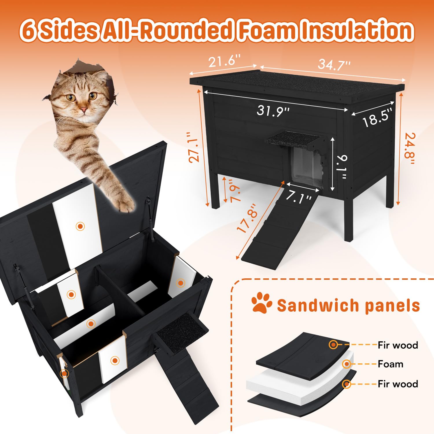 BRIOPAWS Outdoor-Cat-House-Insulated | Feral-Cat-Shelter for Winter | Weatherproof | Large Wooden Pet House for Multiple Cats | Foldable Ladder | Acrylic Side Window | Black