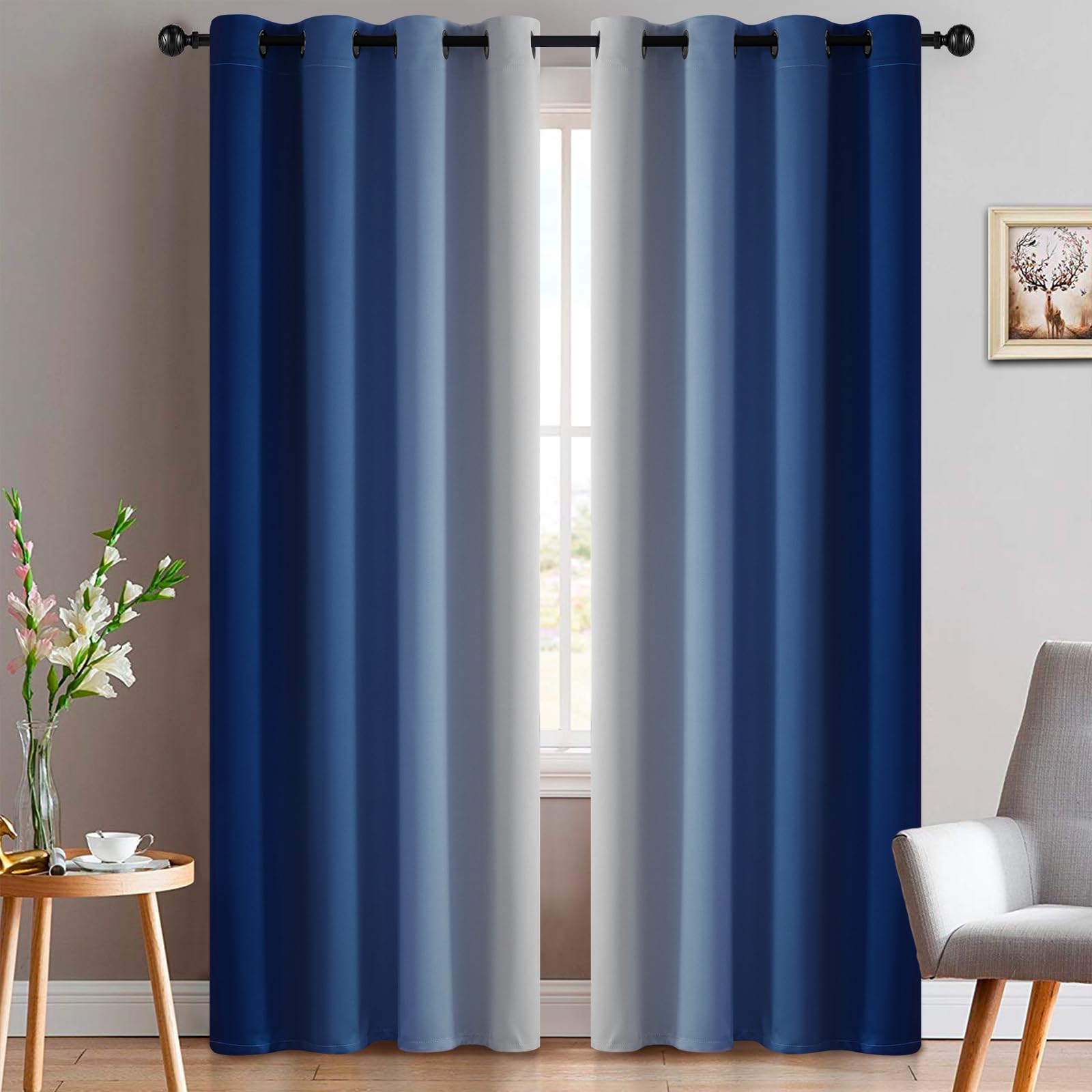 Yakamok Greyish White and Royal Blue Ombre Curtains,Light Blocking Curtains,Room Darkening Grommet Window Drapes for Bedroom(Royal Blue,52x84 Inch,2