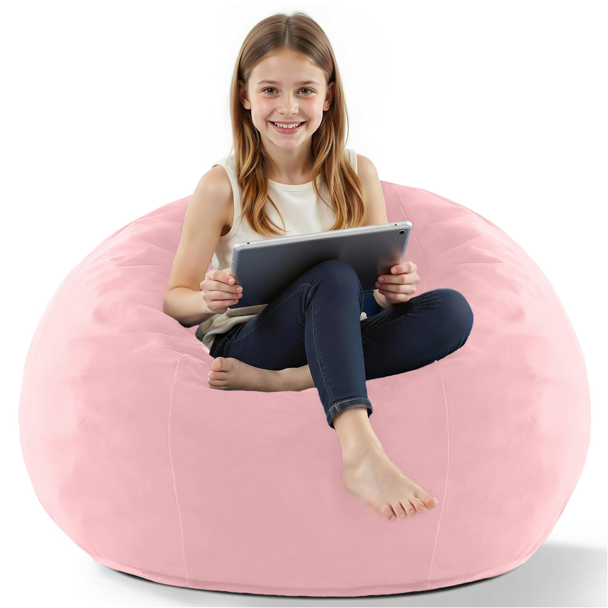 2FT Bean Bag Chair, 2' Beanbags Small Bean Bag Chairs with Filling, Teardrop Bean Bag Chair Luxurious Velvet Ultra Soft Fur with Removable Cover (Pink)