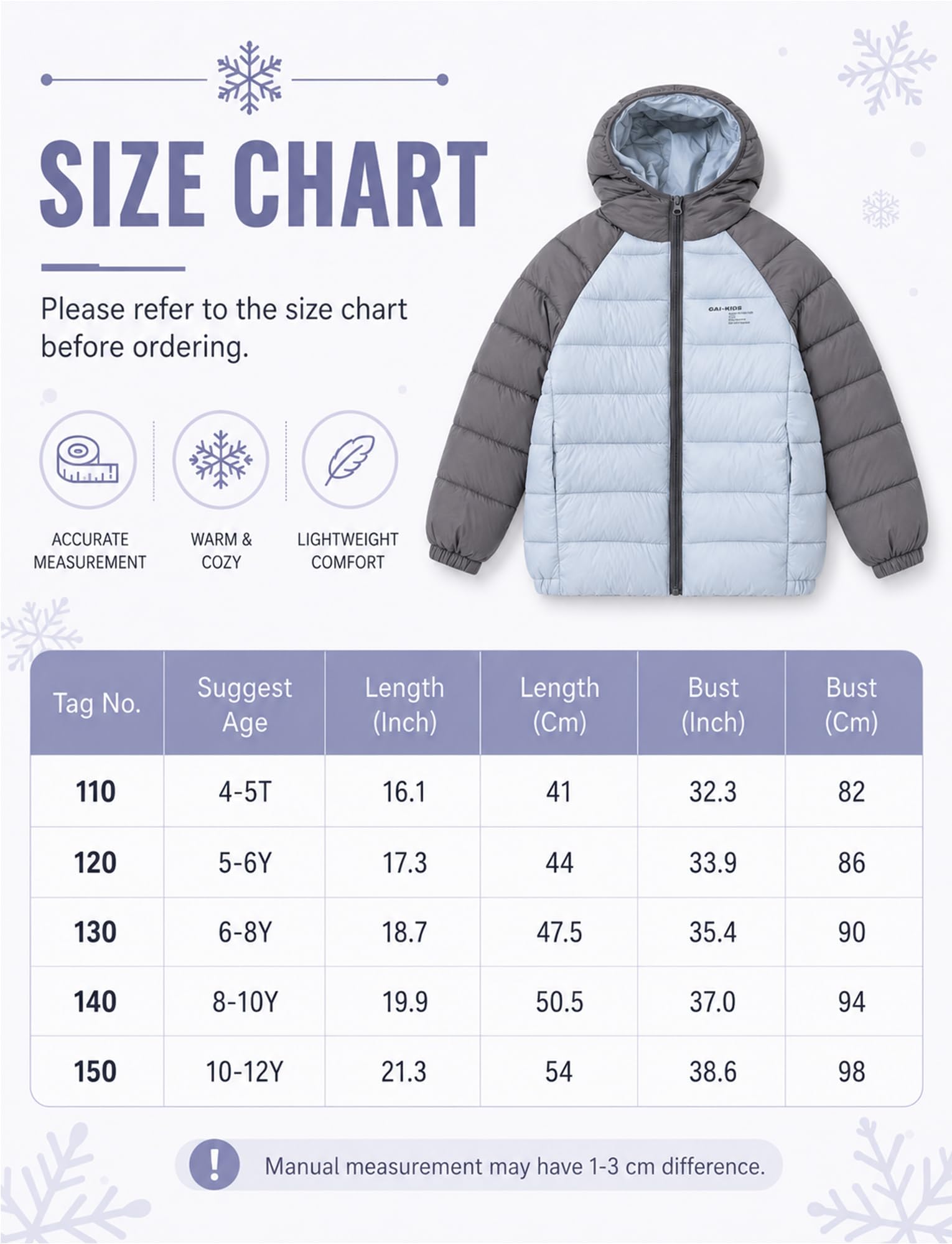 Abrigo de invierno para niña y niño chaqueta acolchada cortavientos chaqueta de esquí con capucha, 4-12 años