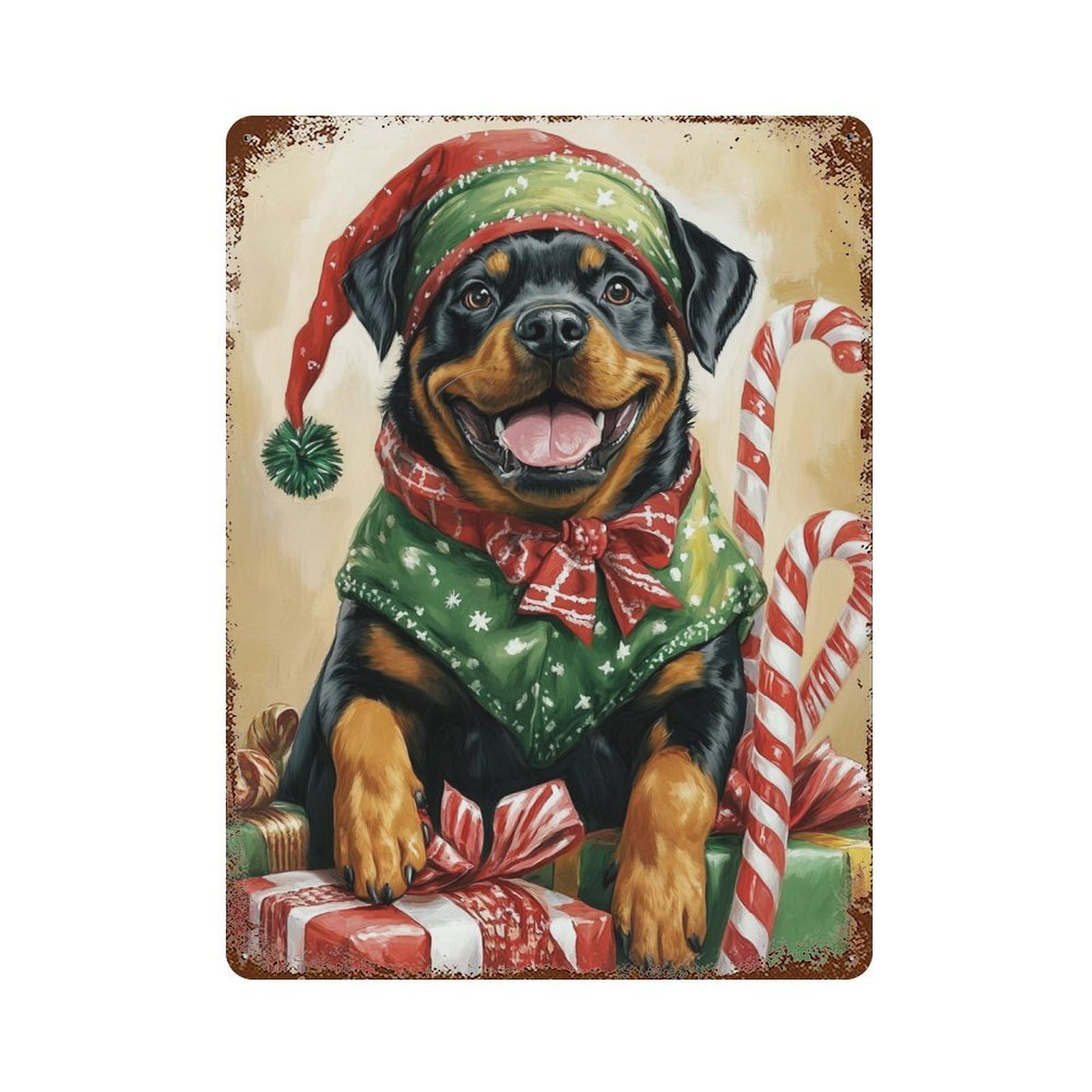 Rusty Metal Tin Sign Christmas Rottweiler with Presents -2 15.7"x11.8", Rustic Home Decor for Shed, Workshop And Garage Wall Decor