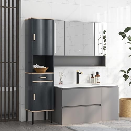 Miniatura 3 de LOKO Armario de almacenamiento alto para baño, armario de almacenamiento independiente con puertas dobles, compartimento abierto y cajón, gabinete