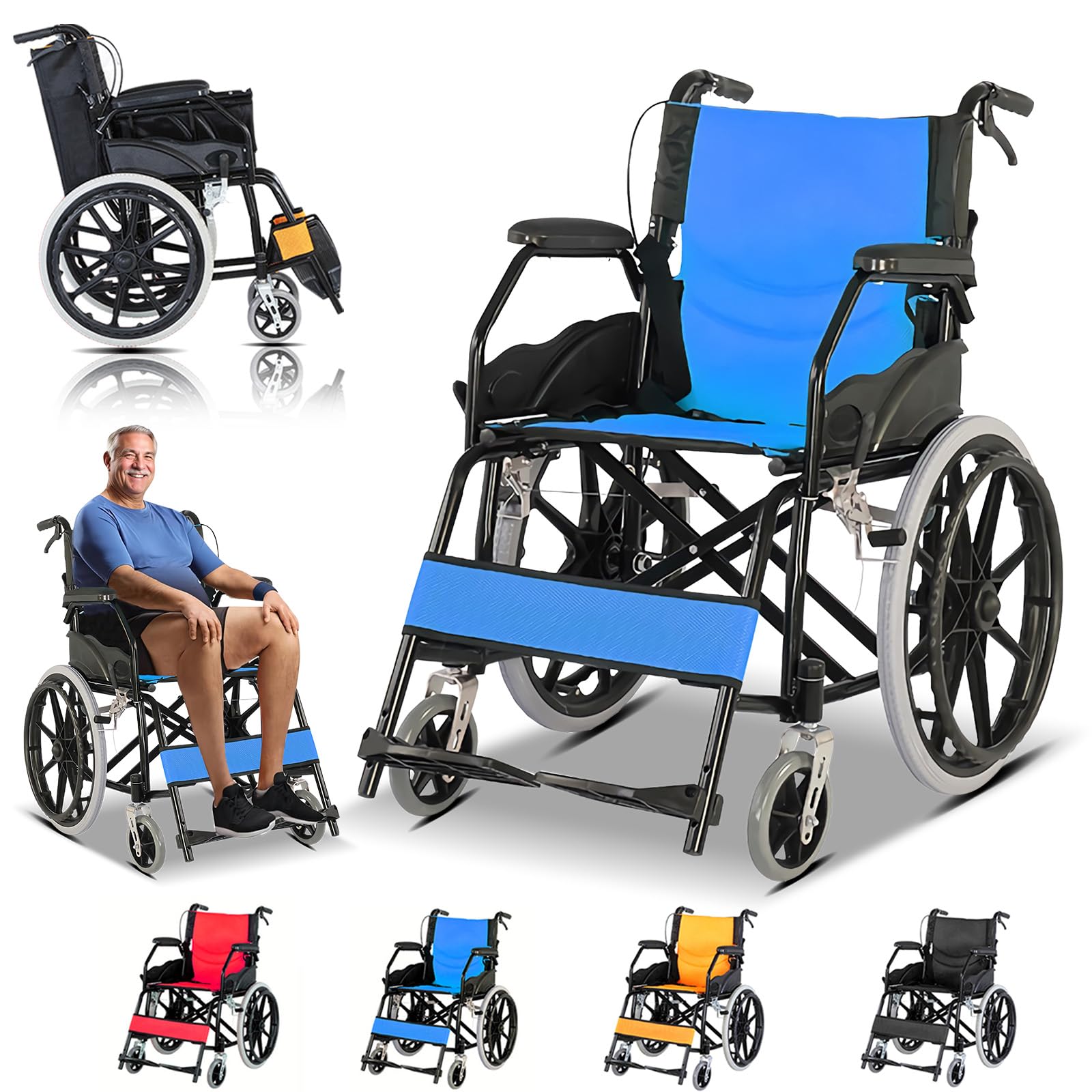 Faltbar Leicht Rollstuhl, Klappbar Transportrollstühle für Behinderte and ältere, Sitzbreite 44.5 cm, Belastbarkeit 150 kg, Ultraleicht Reiserollstuhl,Transportrollstuhl,Blau