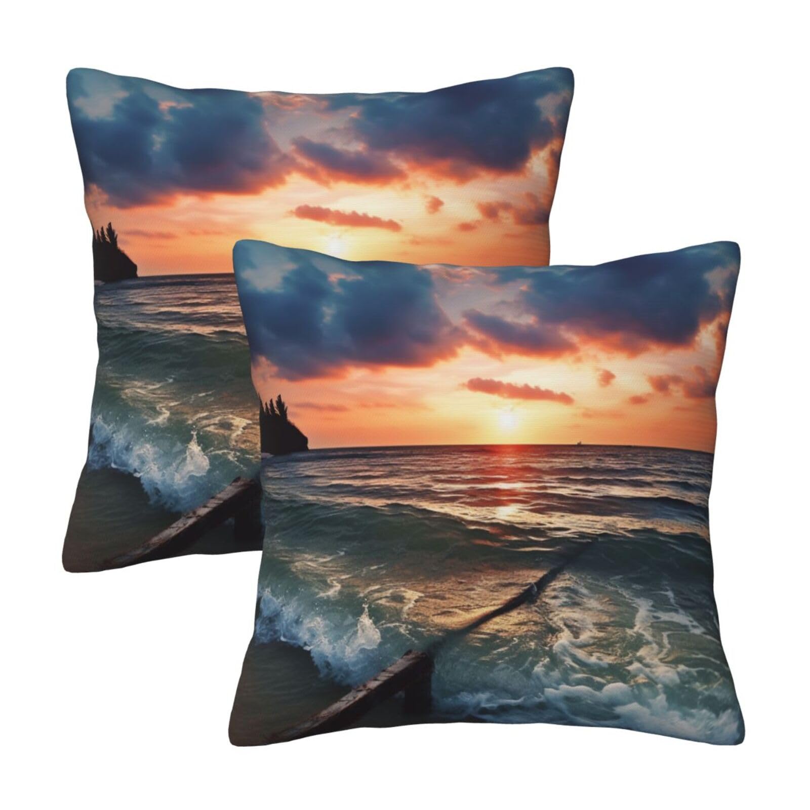 Sea at Sunset Throw Pillow Cases 2 Pack Square Pillowcases Soft Pillow Protectors for Couch Livingroom Sofa Bed Office Car,30x30 CM