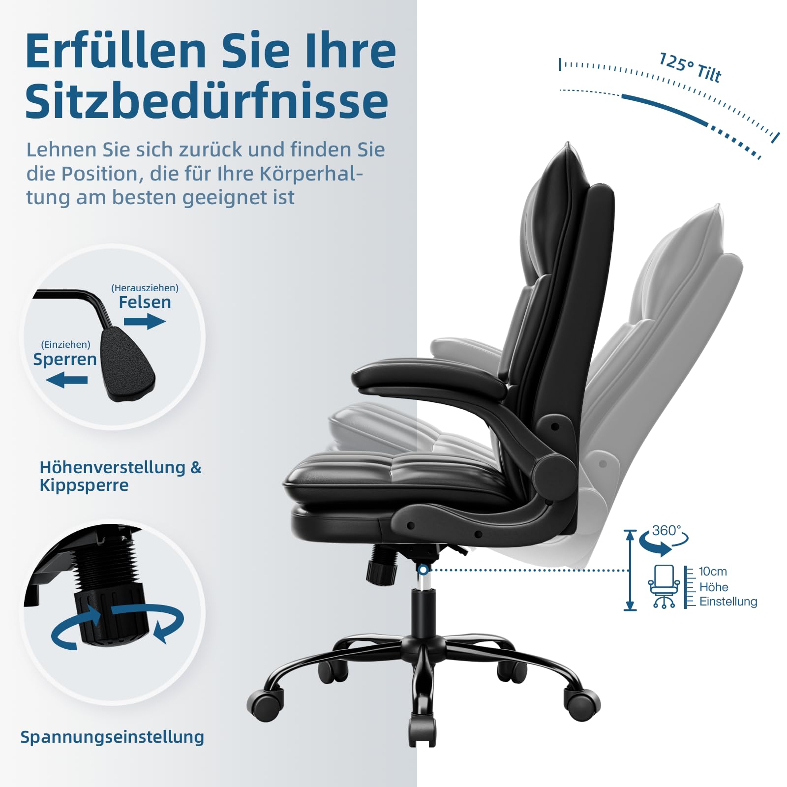 BAYGE Sedia Ufficio, Sedia Ergonomica per Computer con Braccioli Ripiegabili, Poltrona Direzionale con Sedile Largo, Altezza Regolabile, Comoda per Ufficio, Casa e Giochi, Portata fino a 150 kg, Nero