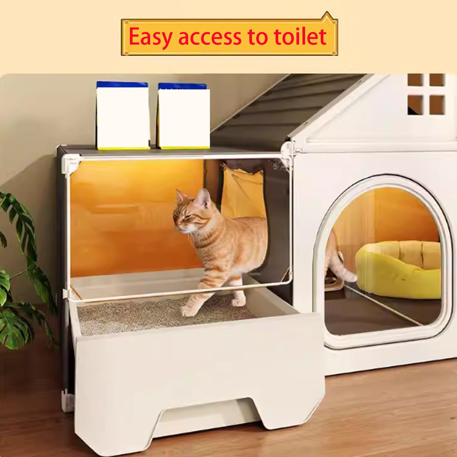 Casetta per Gatti Da Interno con Lettiera Integrata, Spazio Relax e Zona Toilette In Un Unico Ambiente Recinto per Gatti Casetta Da Gioco Per Gatti per Piccoli Appartamenti(White,106x46x58cm)