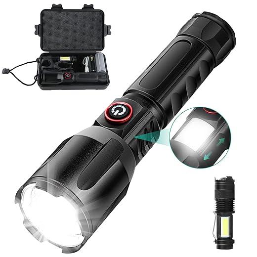 Led Rechargeable Tactical Laser Flashlight 90000 High Lumens，High Light Flash Light High Lumens Lights，Two Size Flashlight Set,Perfect for Hiking,Fieldwork,Adventure,Gift for Boys