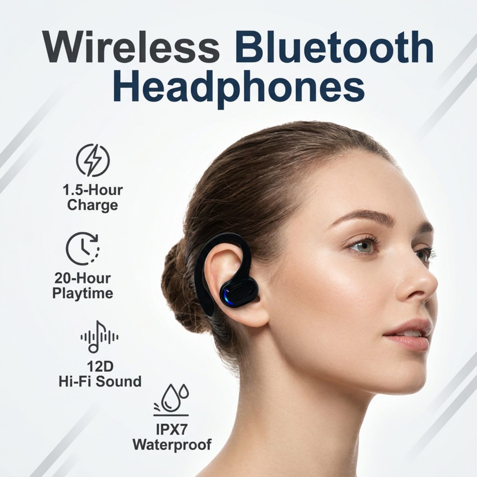 Oreillette Bluetooth Sans Fil V5.2 avec Micro Intégré, Écouteur Mono Main Libre Bluetooth, Tour d’Oreille 360°, Réduction de Bruit, 20 h d’Autonomie, Compatible avec iPhone, Android, Conduite, Sport