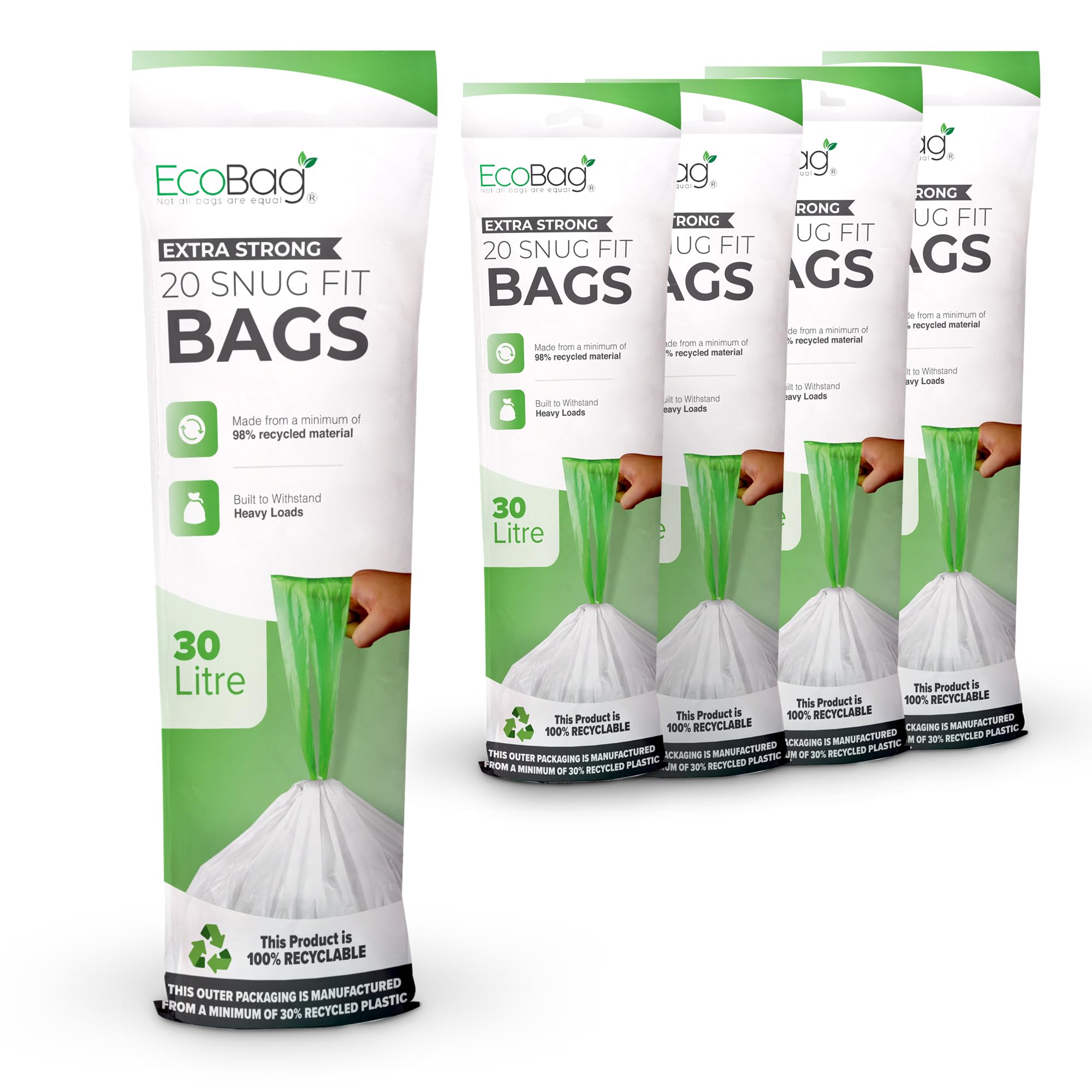 EcoBag - 100 Pack White Kitchen Drawstring Bin Liner - 30L - 25 Microns - Heavy Duty, Extra Strong, Brabantia Compatible, Eco-Friendly, Tear Resistant, Clear Recycling Bags (465 x 750mm)