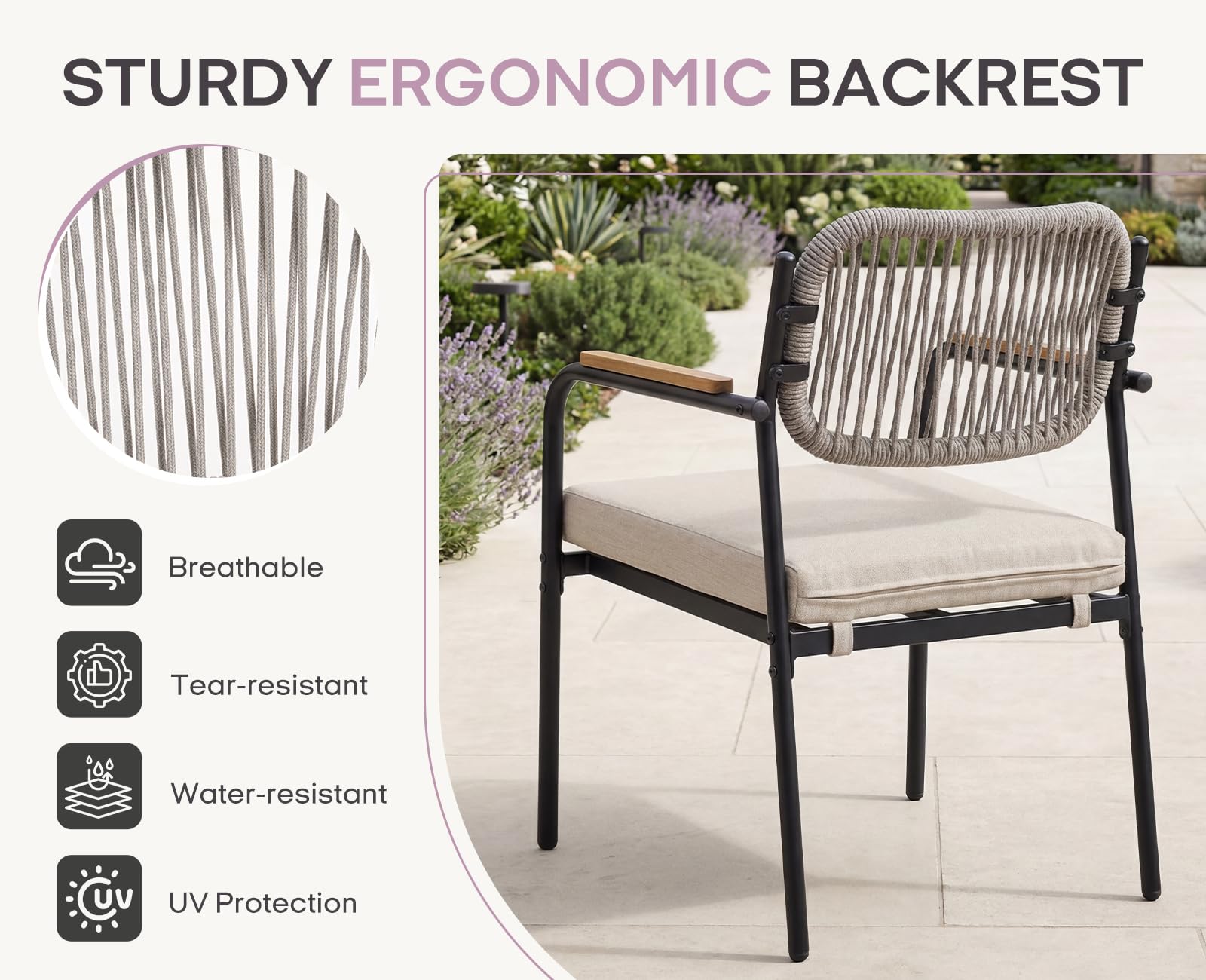Ya-Home Gartenstühle 4er Set wetterfest, Terrassenstühle, Gartensessel Outdoor Loungesessel mit 8 cm Sitzkissen, witterungsbeständig, Balkonstühle Metall für Garten, Terrasse & Balkon, Beige