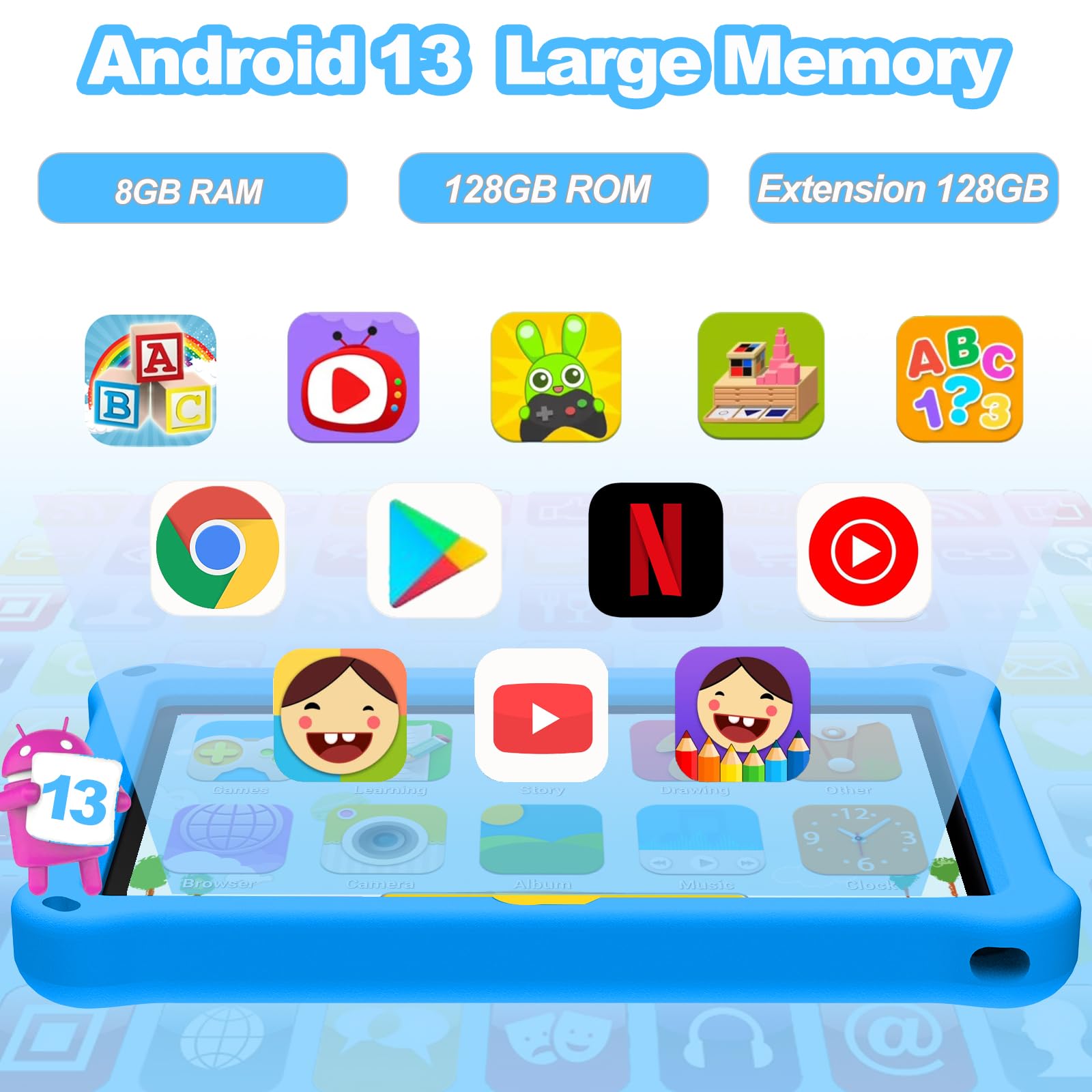 Tableta para Niños de 10.1 Pulgadas,Tabletas Android 13 con Funda Protectora, 8+128GB,Pantalla IPS 1280 * 800,Cámara Dual 2MP+5MP,6000mAh,Tableta Aprendizaje con Control Parental e iWawa,Azul