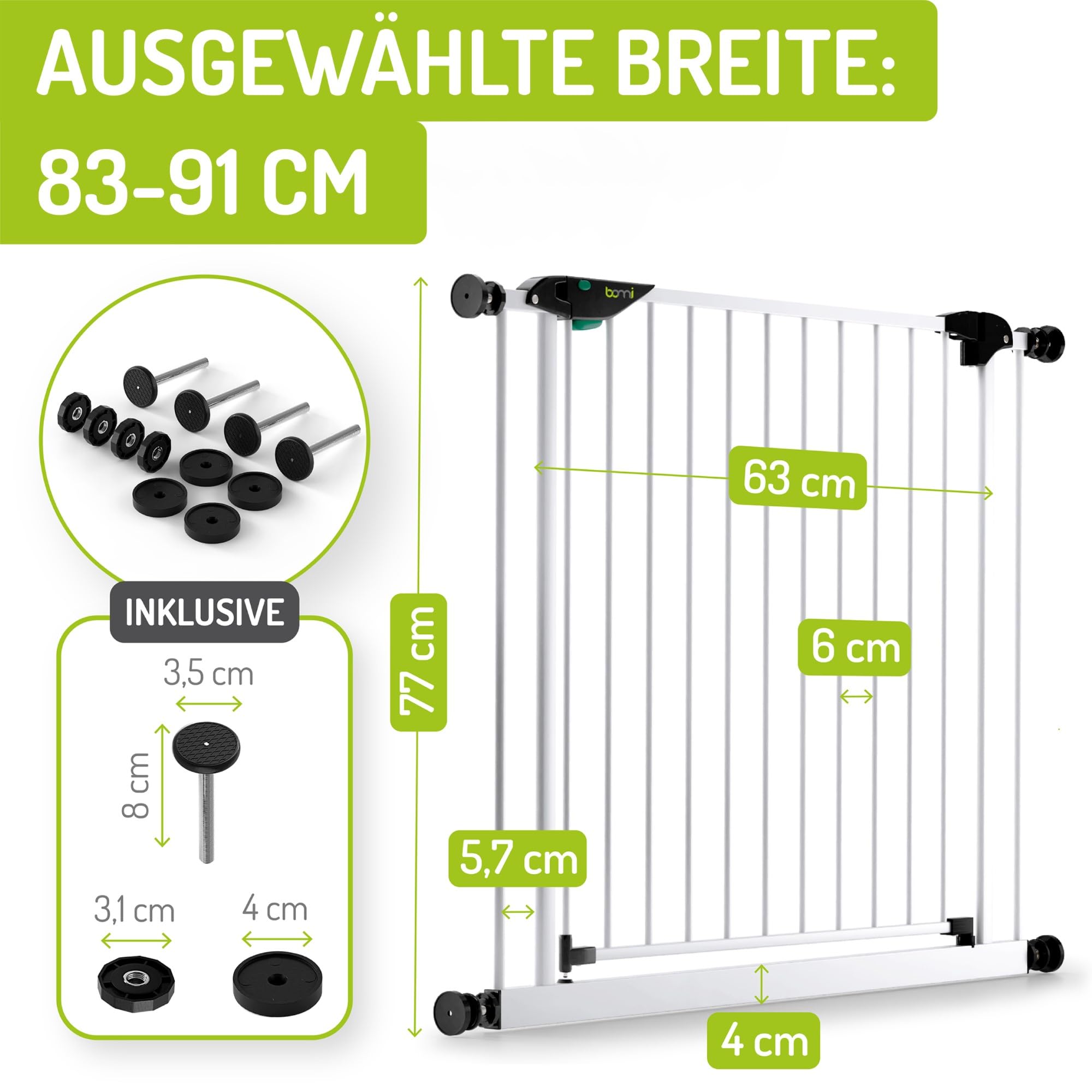BOMI Schutzgitter Mira XXL Tür | Zum Klemmen | Schließt automatisch | Türschutzgitter schmal weiß Metall Selbstschließend | Treppenschutzgitter Türgitter Klemmgitter für Baby Welpe | Breite: 83-91 cm