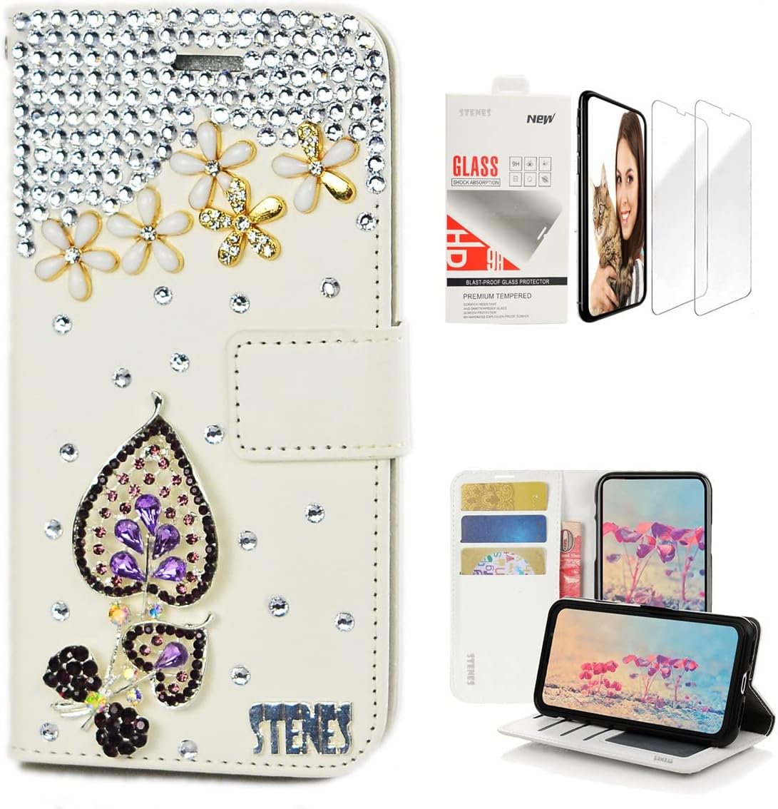STENES Bling Wallet Case Compatible with iPhone X/iPhone Xs - 3D Handmade Love Flowers Floral Design Leather Case with Wrist Strap & Screen Protector [2 Pack] - Purple