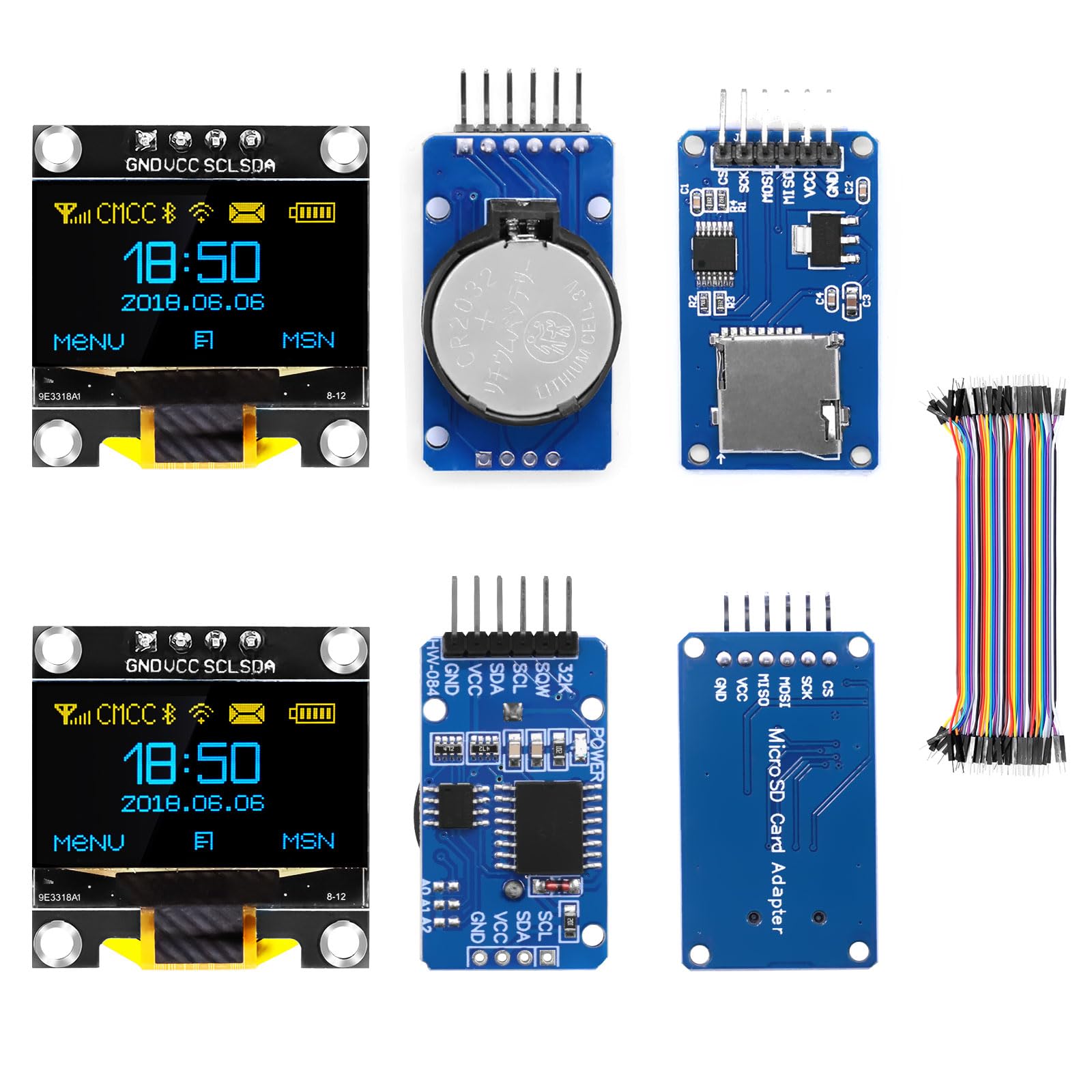 Real-Time Clock RTC Module DS3231 AT24C32 IIC + Micro SD Mini TF Card Adapter Reader Driver + 0.96 Inch OLED Display I2C 128 x 64 Pixel Display Module + 20 cm 40-Pin Bridge Wire