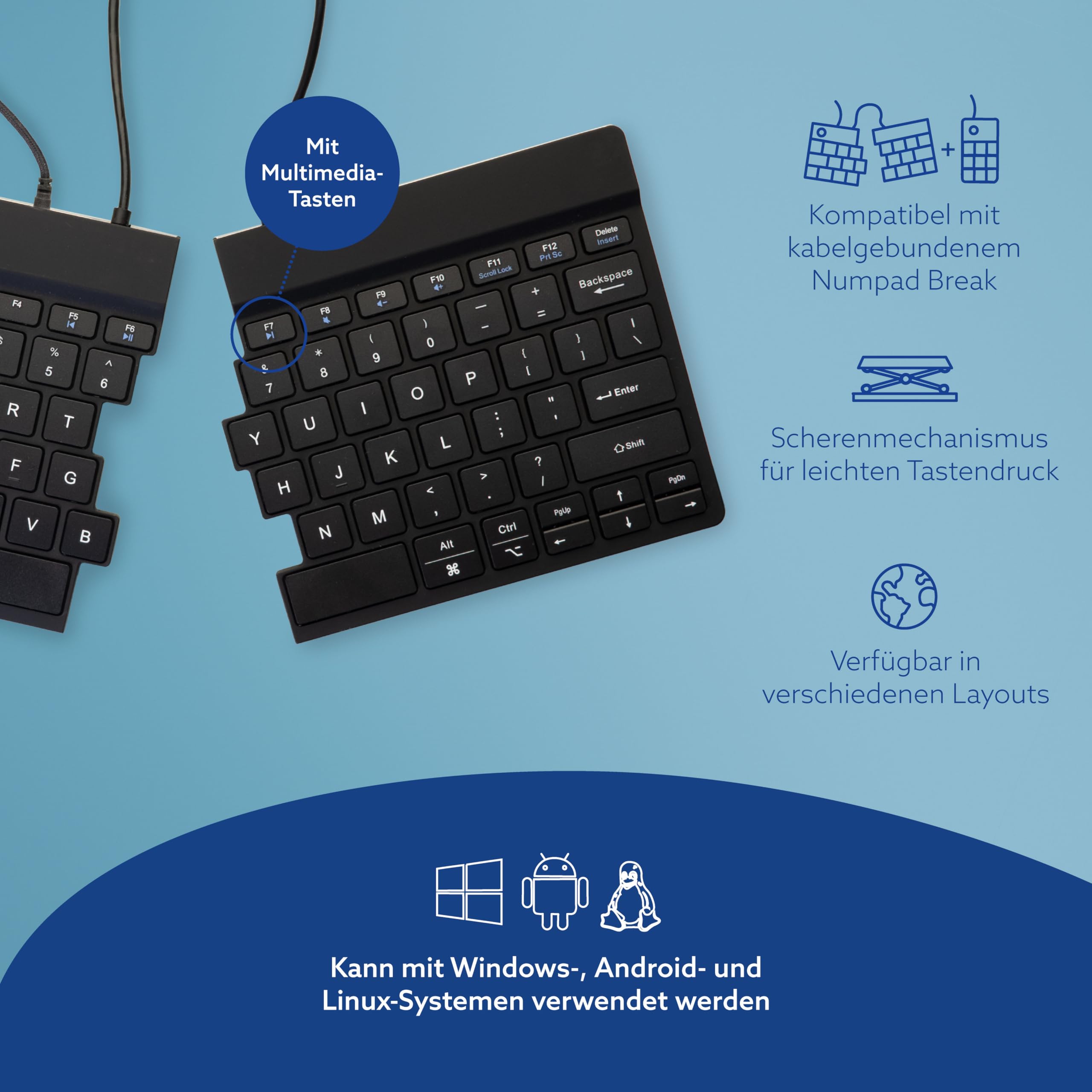R-Go Split Tastatur Zweiteilig, Ergonomische Design mit Geteilte Tastenfeld und Integrierter Pausenanzeige, QWERTY (US) Layout, USB-C/A Kabelgebunden, Schwarz, Version 2