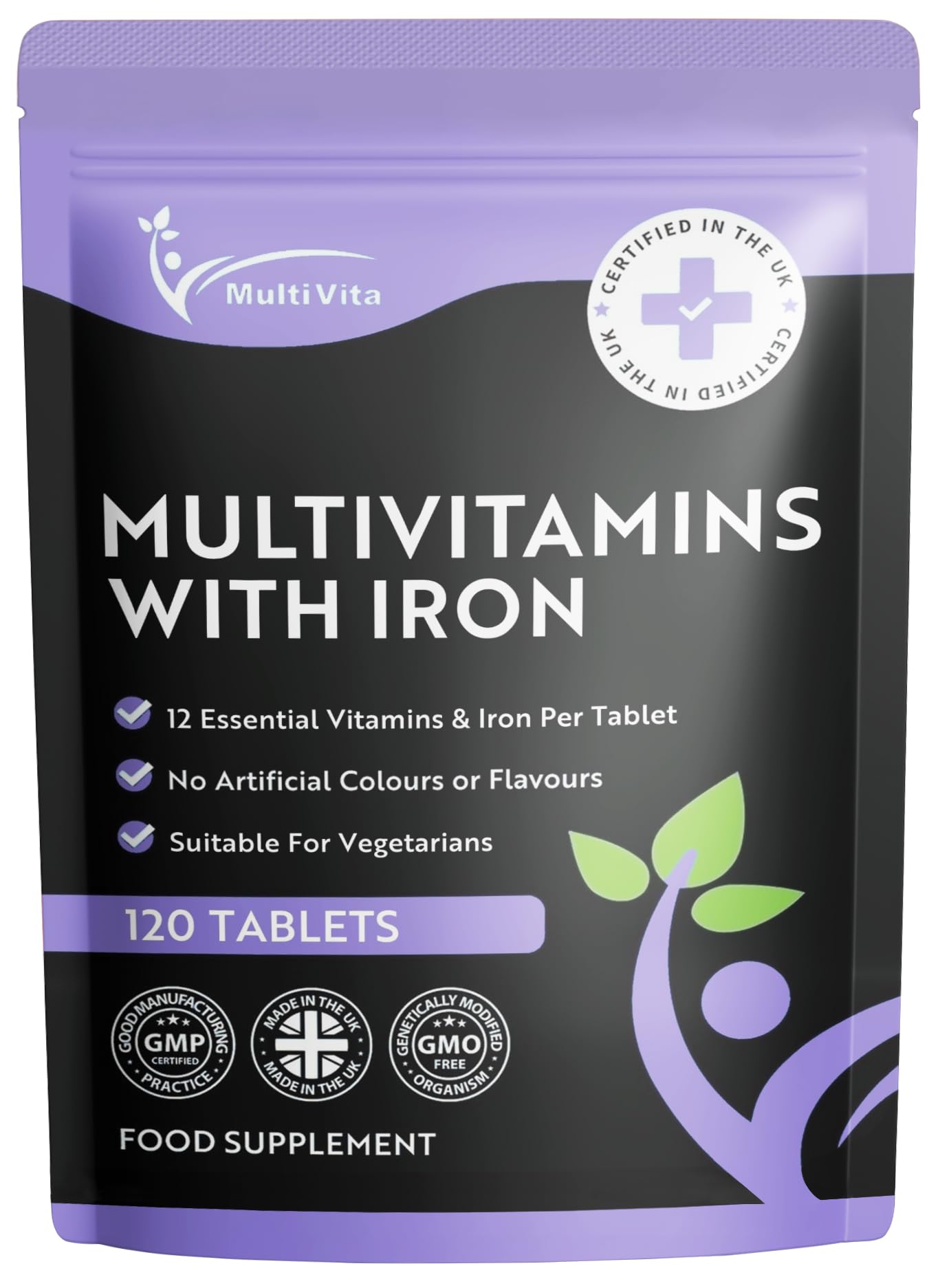 Multivitamins with Iron – 12 Essential Vitamins & Iron – Immune, Energy & Skin Support – 1-a-Day for Men & Women – 120 Tablets – 4 Month Supply – Vegetarian – Made in UK