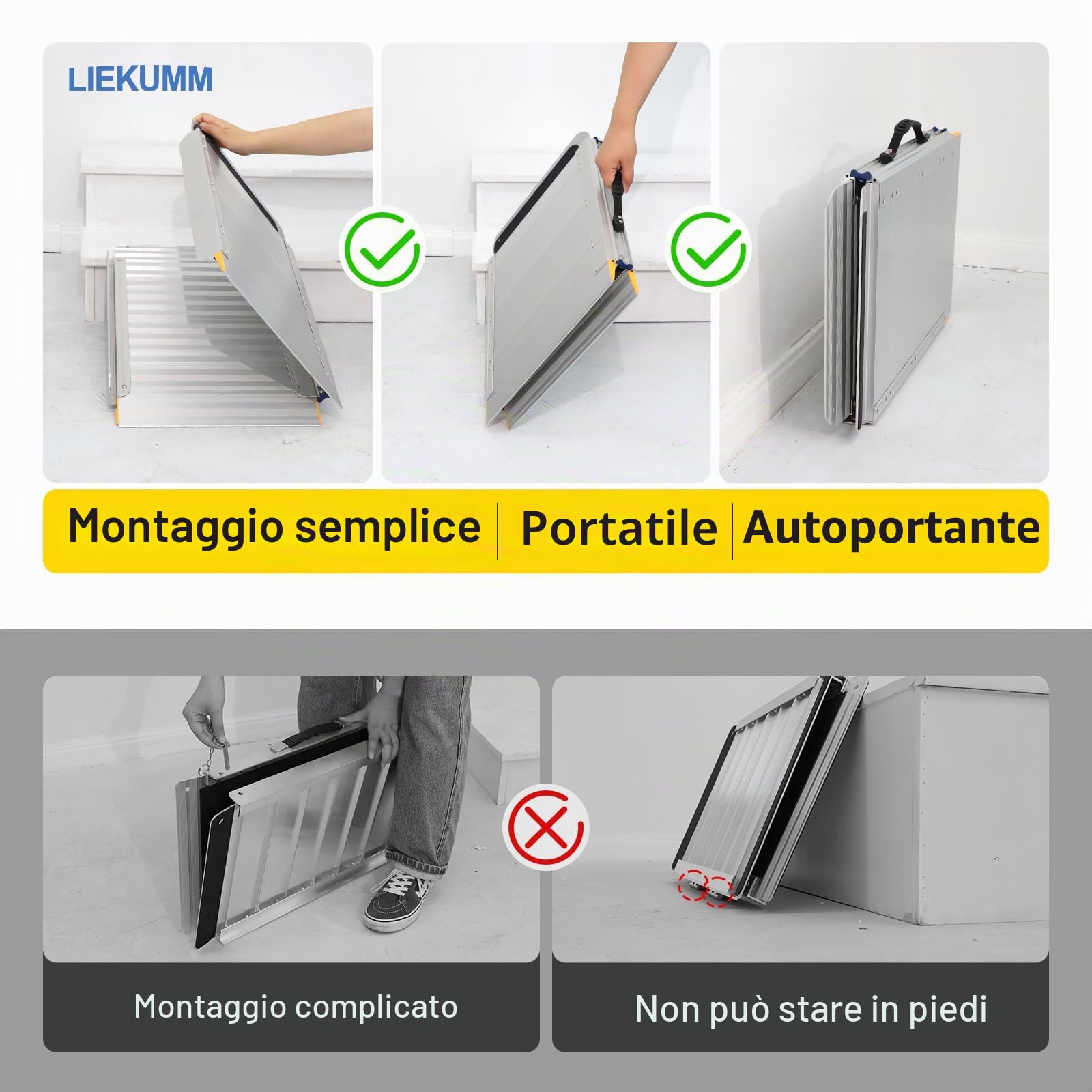 LIEKUMM Rampa per sedia a rotelle, 91 x 77 cm, portata 450 kg, pieghevole, in alluminio, per scale, gradini, marciapiedi, rampa per sedia a rotelle elettrica, passeggino