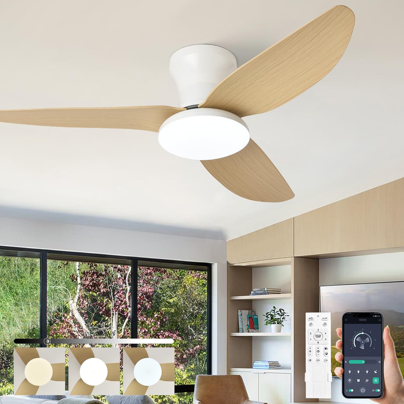 SXDMOUBK Wood Grain Ceiling Fan Light Fixture with Remote Control 3 Blades Quiet DC Reversible Dimmable LED Chandelier for Bedroom Living Room Office